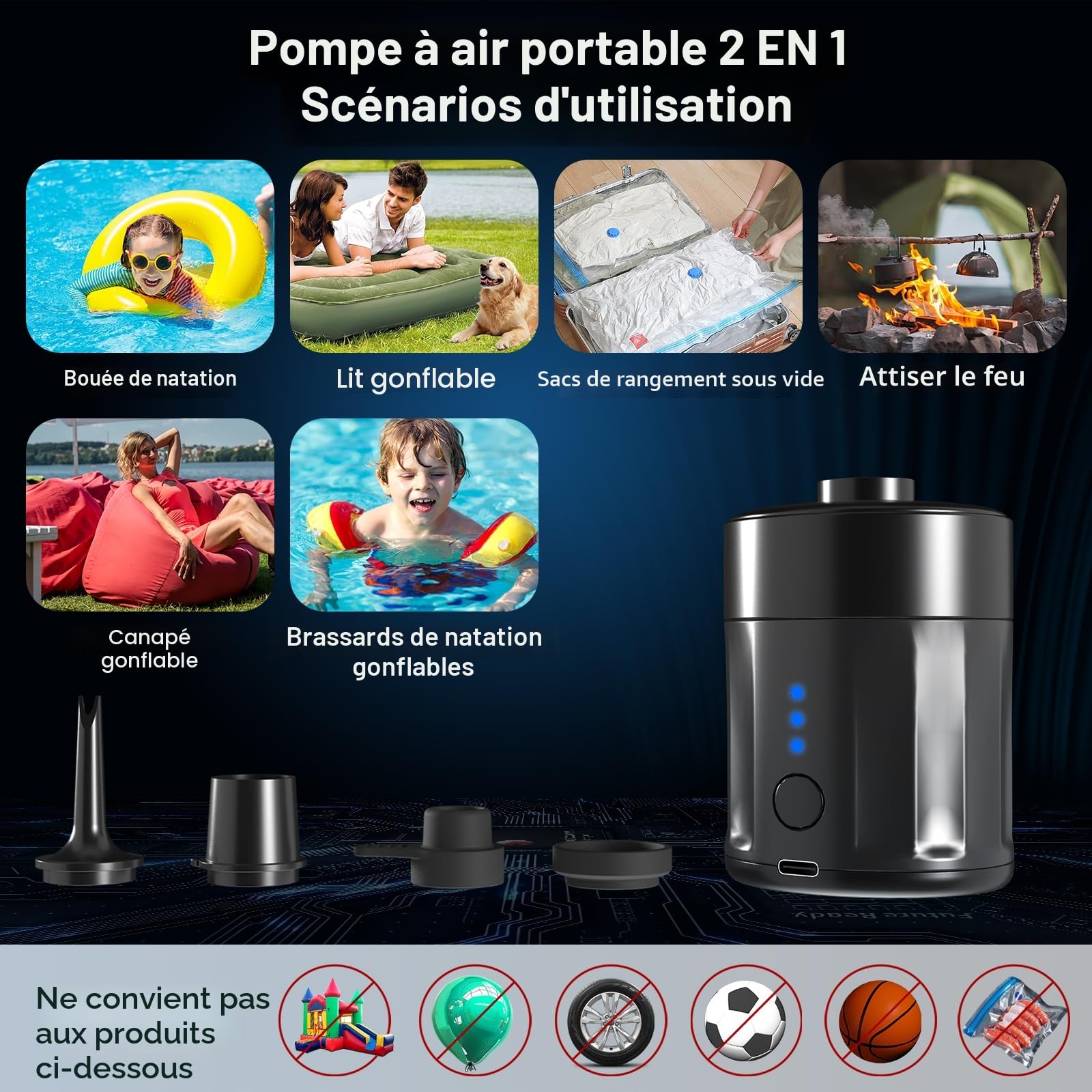 Mojimdo Pompe à Air Électrique Portable Rechargeable 2-en-1 avec 4 Embouts et Sac de Rangement pour Matelas Gonflable, Piscine