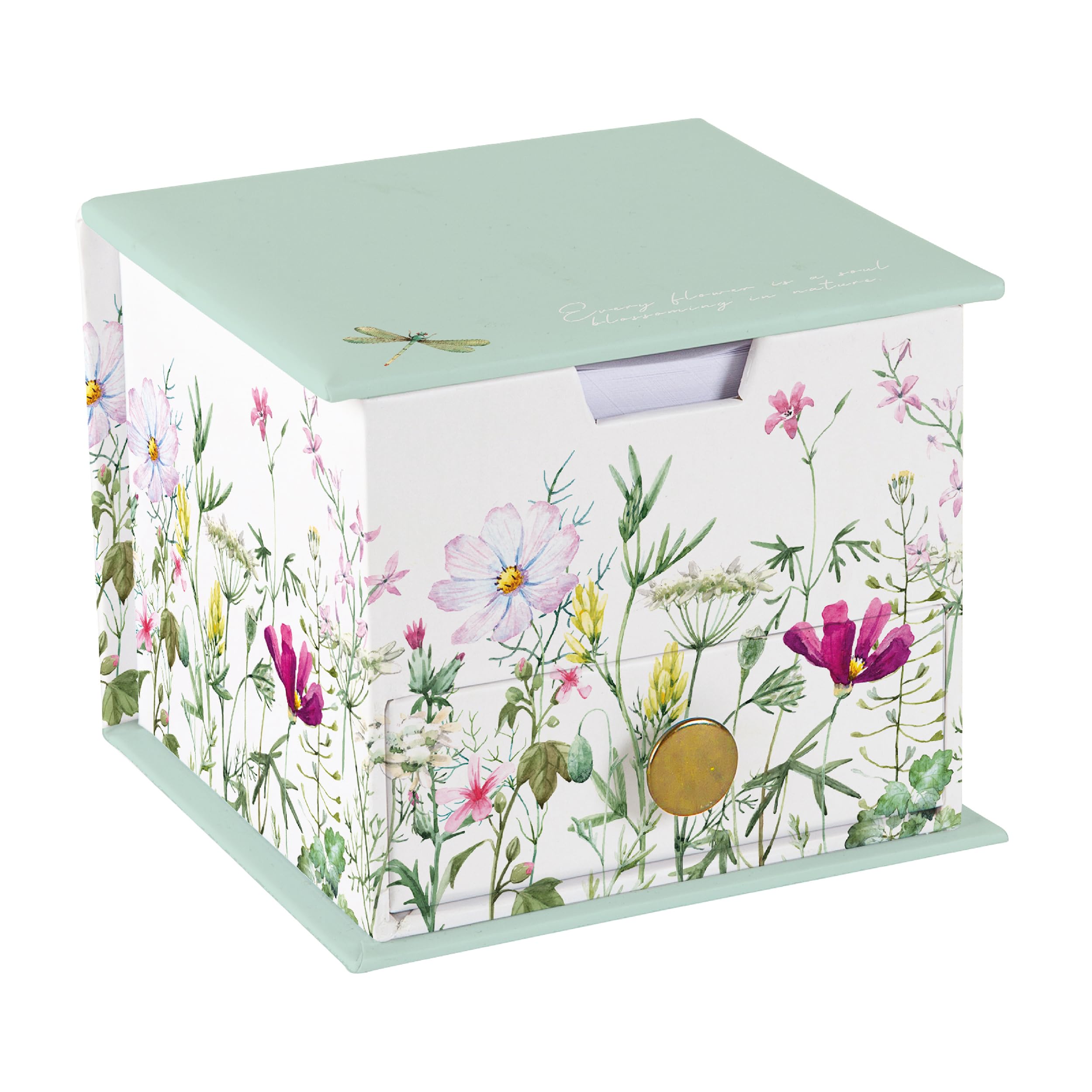 The Gifted Stationery Co. Ltd. Wild Harmony Memo Cube with Drawer – Decorative Desk Notepad Cube with 400 Sheets (100 x 100mm) – Floral Desk Note Block for Home, Office & Study