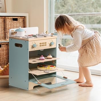 ROBUD Wooden Kids Oven, Realistic Wooden Play Kitchen Set, Pretend Play Kitchen Accessories Toy Kitchen Set for Kids with Cupcakes, Pizza, Tray Best Gift for Boys & Girls
