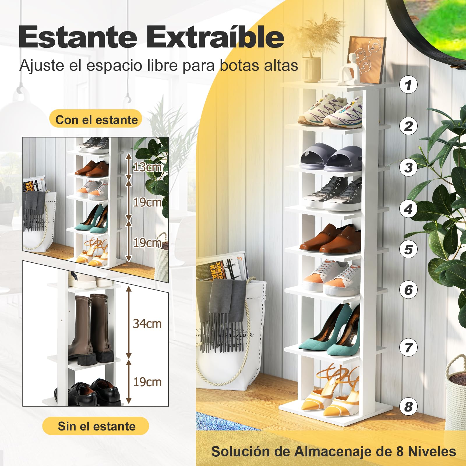 GIANTEX Zapatero Vertical de Madera 8 Niveles, Organizador de Zapatos Compacto Ahorra Espacio, Estantería para 7 Zapatos, Zapatero Estrecho para Entrada, Pasillo (Blanco, 28 x 25,5 x 110 cm)