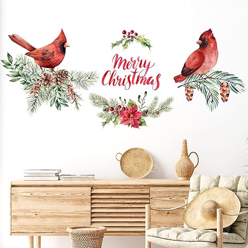 Miniatura 6 de Calcomanía de cardenal, 4 piezas, calcomanía de pared de Feliz Navidad, calcomanía de vinilo de pájaro rojo, conos de pino para ventana, para pared,