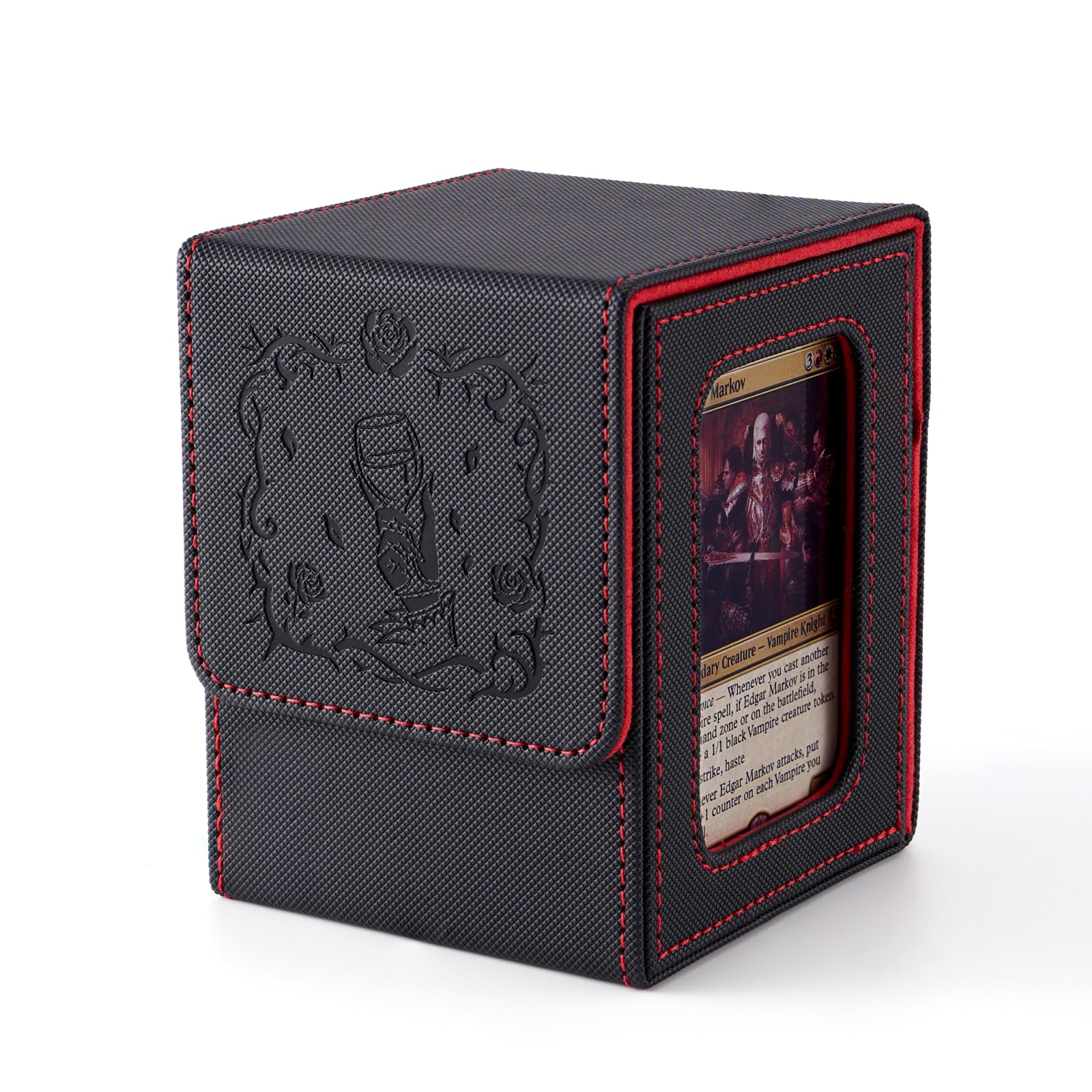 Venssu MTG Deck Box with Commander Display, Vampire Card Deck Case Fits 100 Double Sleeved Cards, TCG Card Storage Box with 2 Dividers and 1 Toploader (Black and Red)