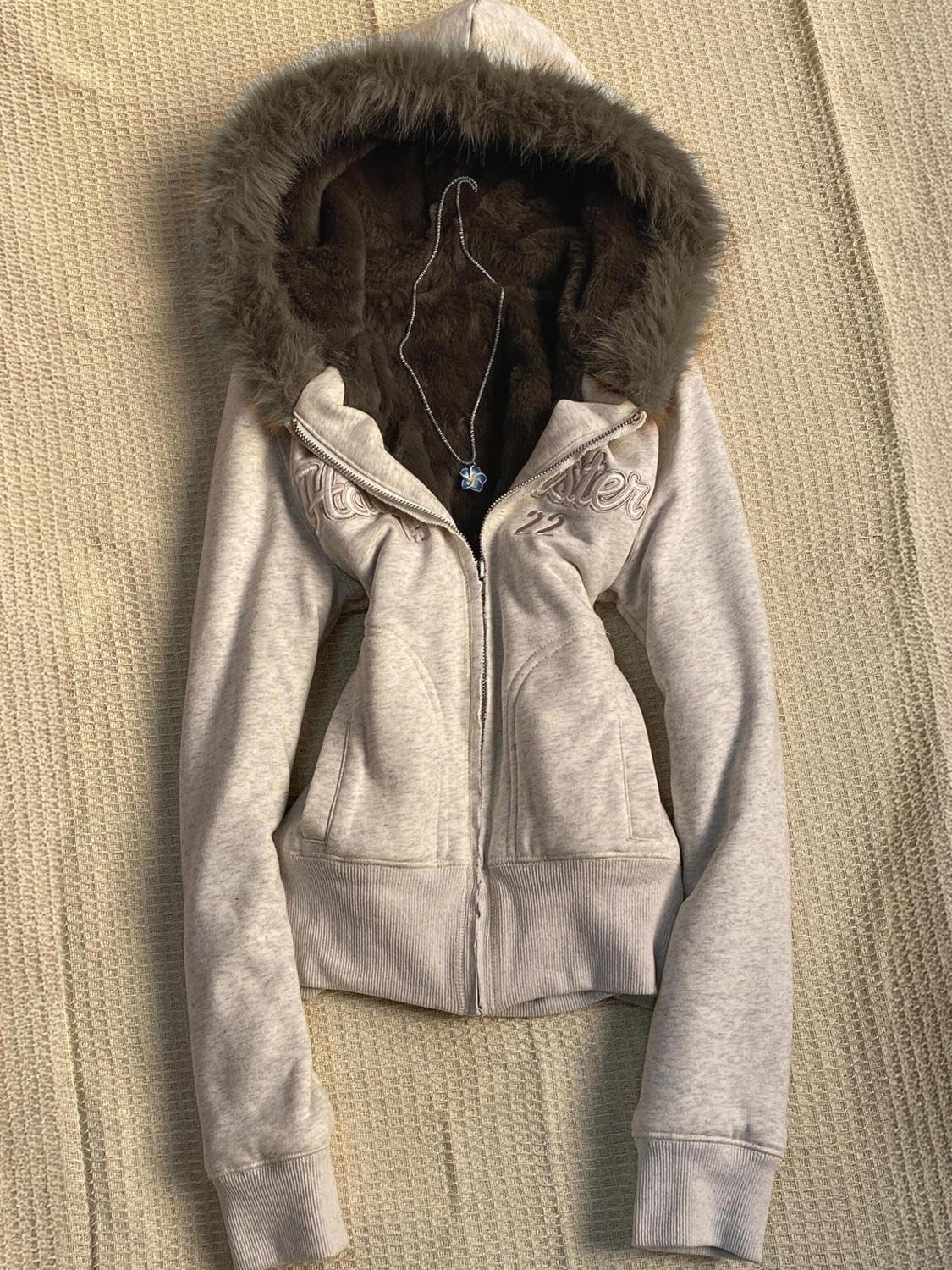 ORANDESIGNE Sweat à Capuche Femme Rétro Décontracté Manteau Long Ajusté avec Fermeture Éclair et Col en Fausse Fourrure Y2k Sweatshirt Chic