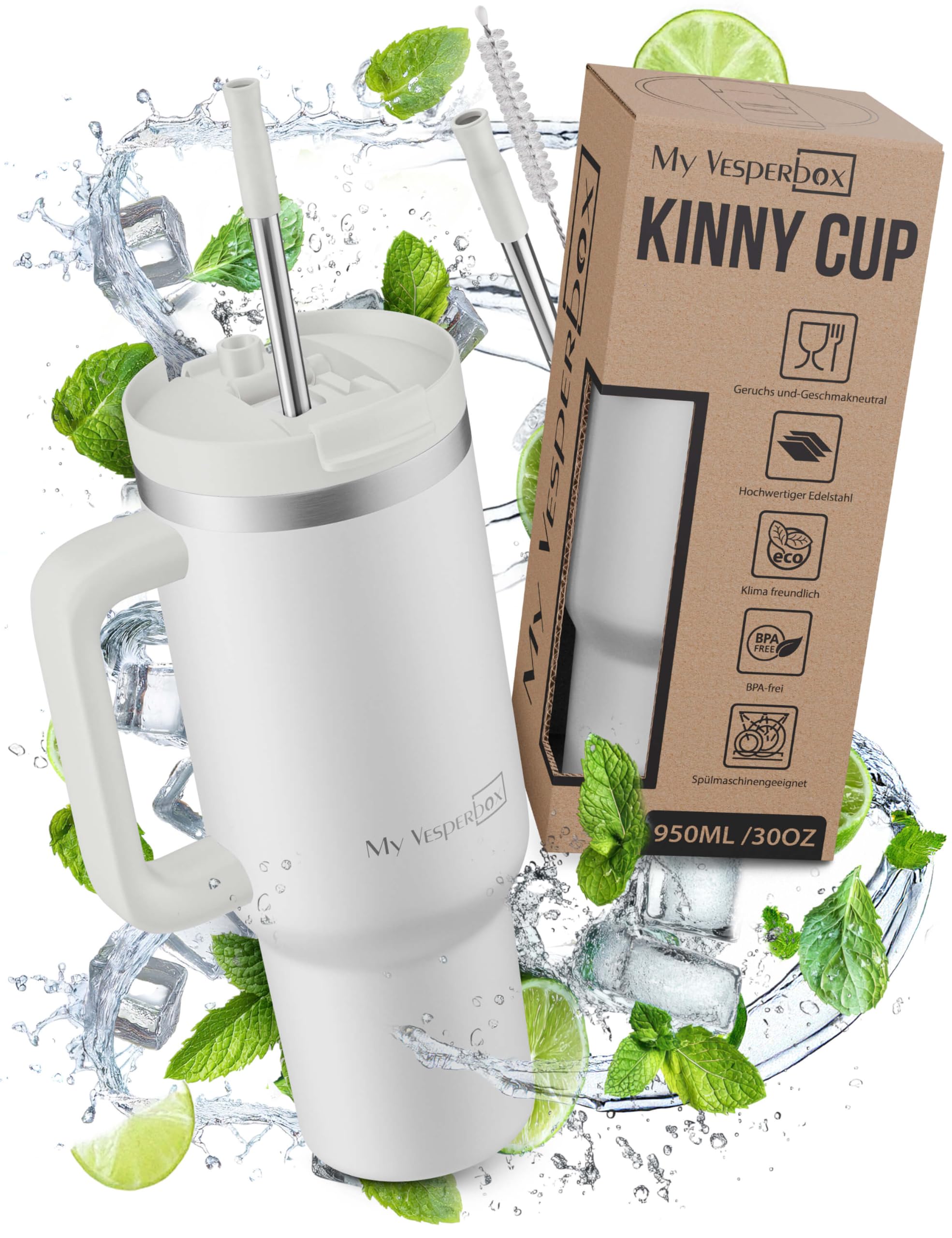 My Vesperbox Kinny Cup – Edelstahl Thermobecher mit Henkel & Strohhalm (500/950 / 1200 ml) – Isolierbecher To Go für Kaffee, Eis & Alltag – BPA-frei, Auslaufsicher, Spülmaschinenfest