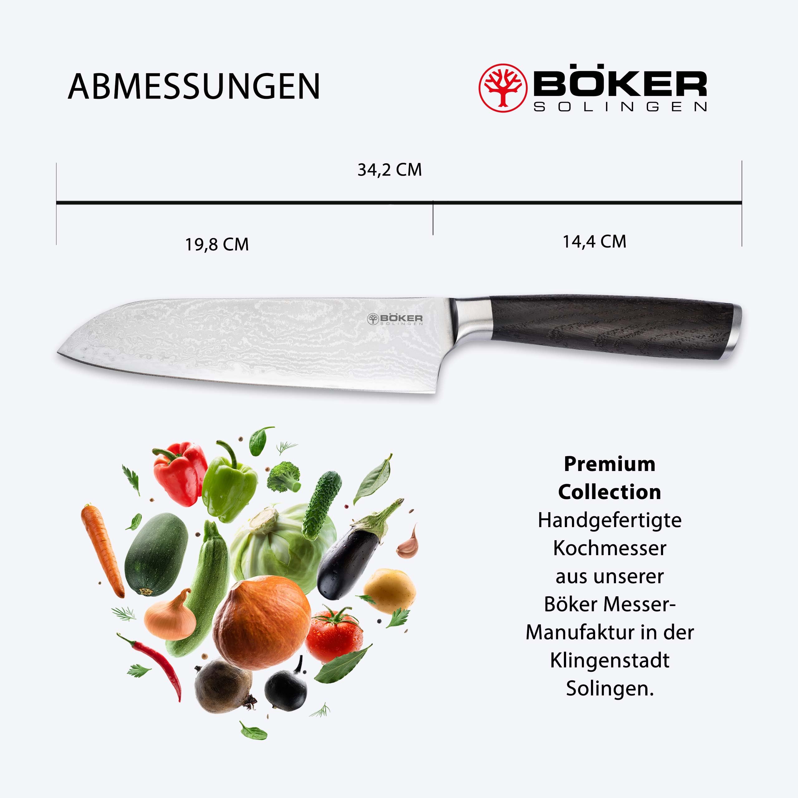 Böker SOLINGEN® Meisterklinge Damast Santoku - extrem scharfes Profi Kochmesser mit 16,5 cm Hybrid Damast Klinge - geschmiedetes Allzweck-Küchenmesser mit Räucher-Eiche Holzgriff in Geschenk-Box
