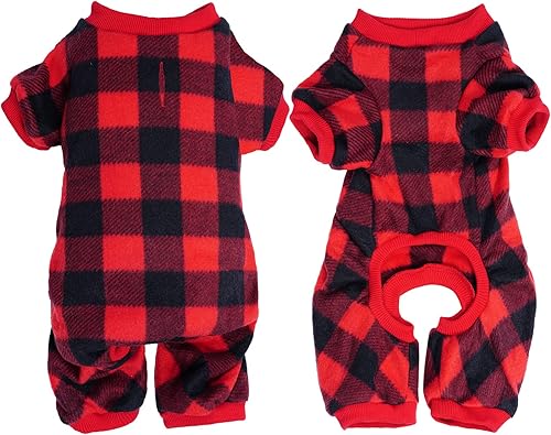 Miniatura 3 de Topbuti Pijamas de Navidad para mascotas, overol de lana cuadriculada roja y negra, overol suave de invierno para perros y gatos, ropa de invierno