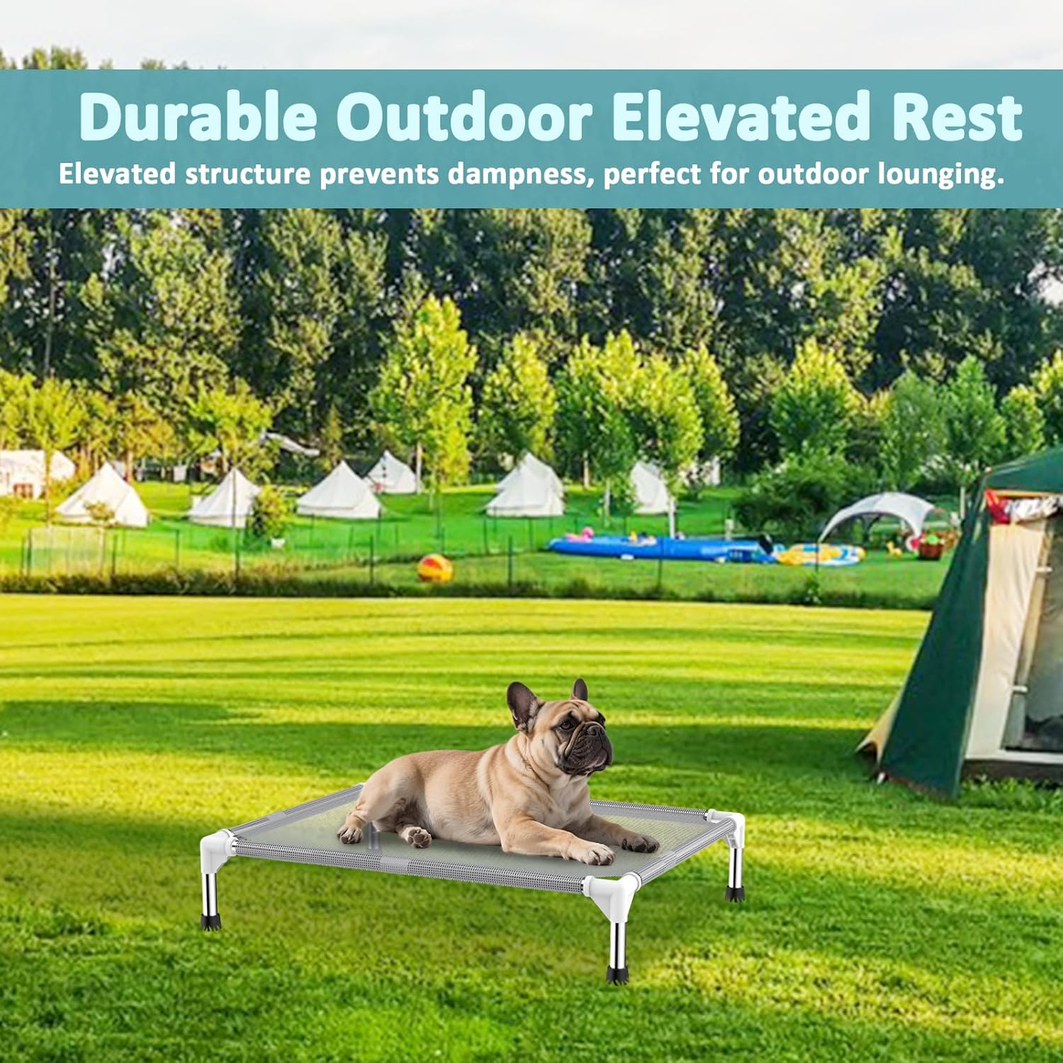Elevated Dog Bed with Teslin Cooling Fabric - Lightweight Dog Cot for Medium Dogs, Waterproof & Washable Breathable Mesh, Raised Pet Bed for Indoor Outdoor Use, Anti-Slip, Easy Clean