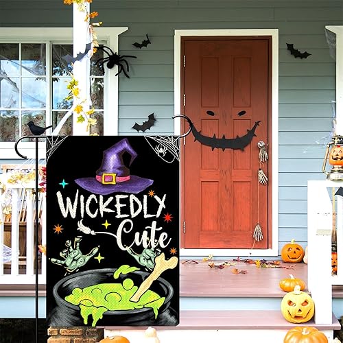 Miniatura 2 de Bandera de jardín de Halloween de 12.5 x 18 pulgadas de arpillera vertical de doble cara de truco o trato pequeña bandera de jardín con texto en