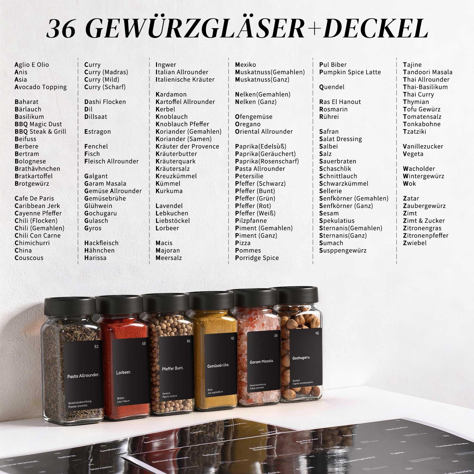 MHDCLY Lot de 36 bocaux à épices avec insert à saupoudrer - 120 ml - En verre avec couvercle noir - Avec 342 étiquettes (allemand) et entonnoir - Lot de pots à épices pour organisateur d'épices