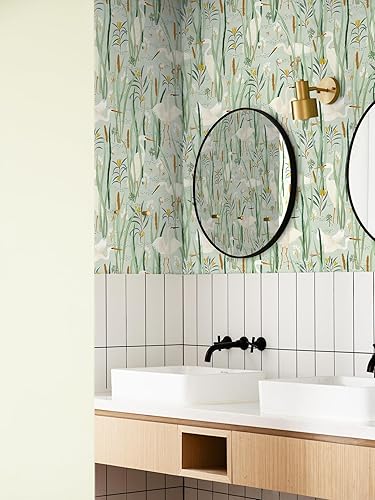 Miniatura 4 de Ismoon Papel tapiz verde para despegar y pegar con grúas y garcas, papel de contacto verde claro, papel tapiz floral con ofertas florales, papel