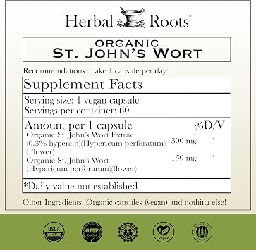 Herbal Roots Organic St Johns Wort Capsules | 450 mg per Serving | No Binders or Fillers Non GMO | 60 Vegan Capsules