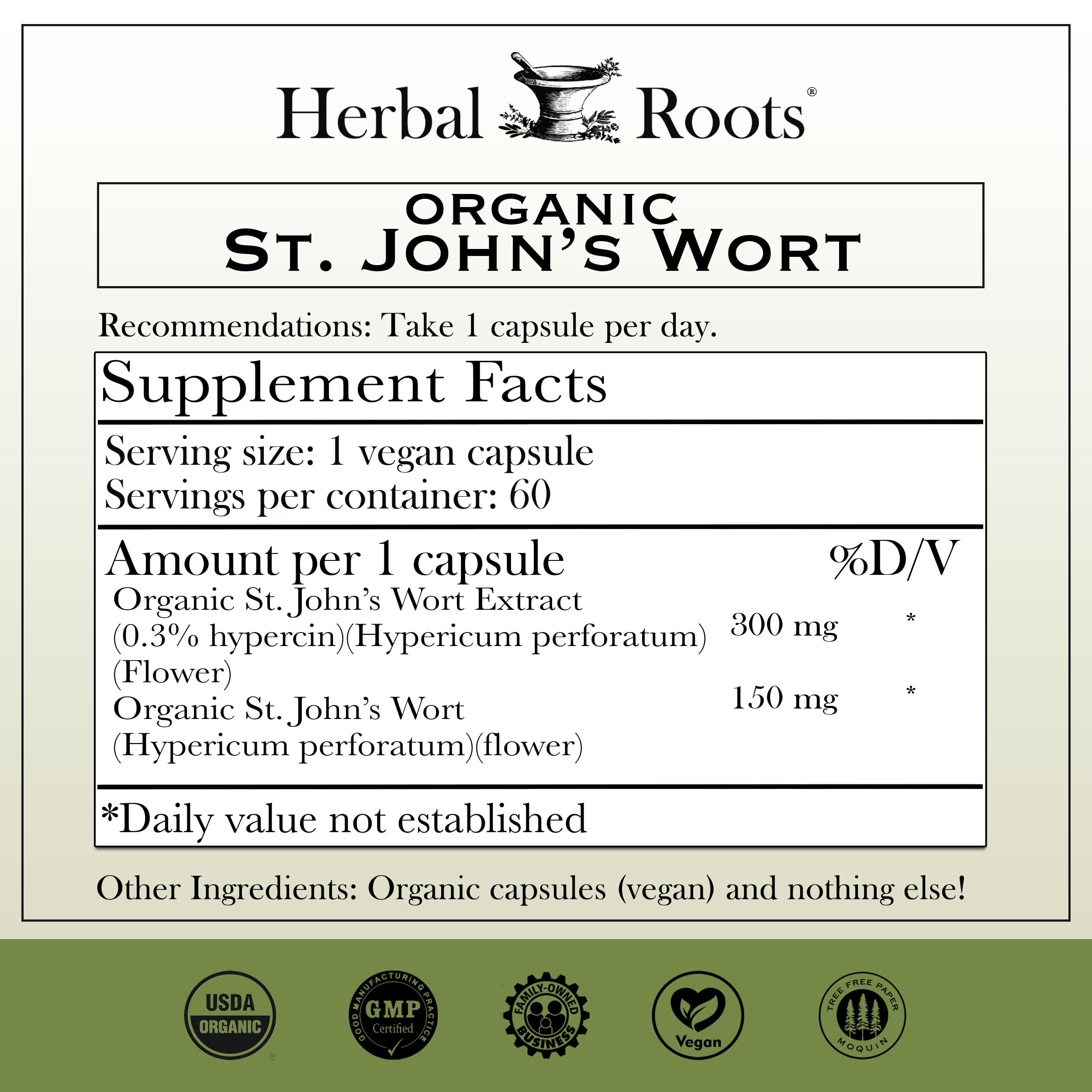 Herbal Roots Organic St Johns Wort Capsules, Mood Support, USDA Certified Organic - 60 Vegan Capsules — Amazon image 2