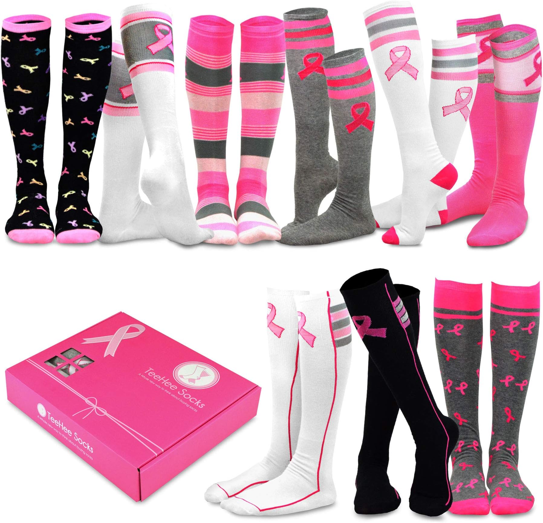 Gift Boxed Novelty Knee High Crew Slipper Socks Fun Party Pink Ribbon Christmas Valentines Patrick Halloween 9 Pair Women