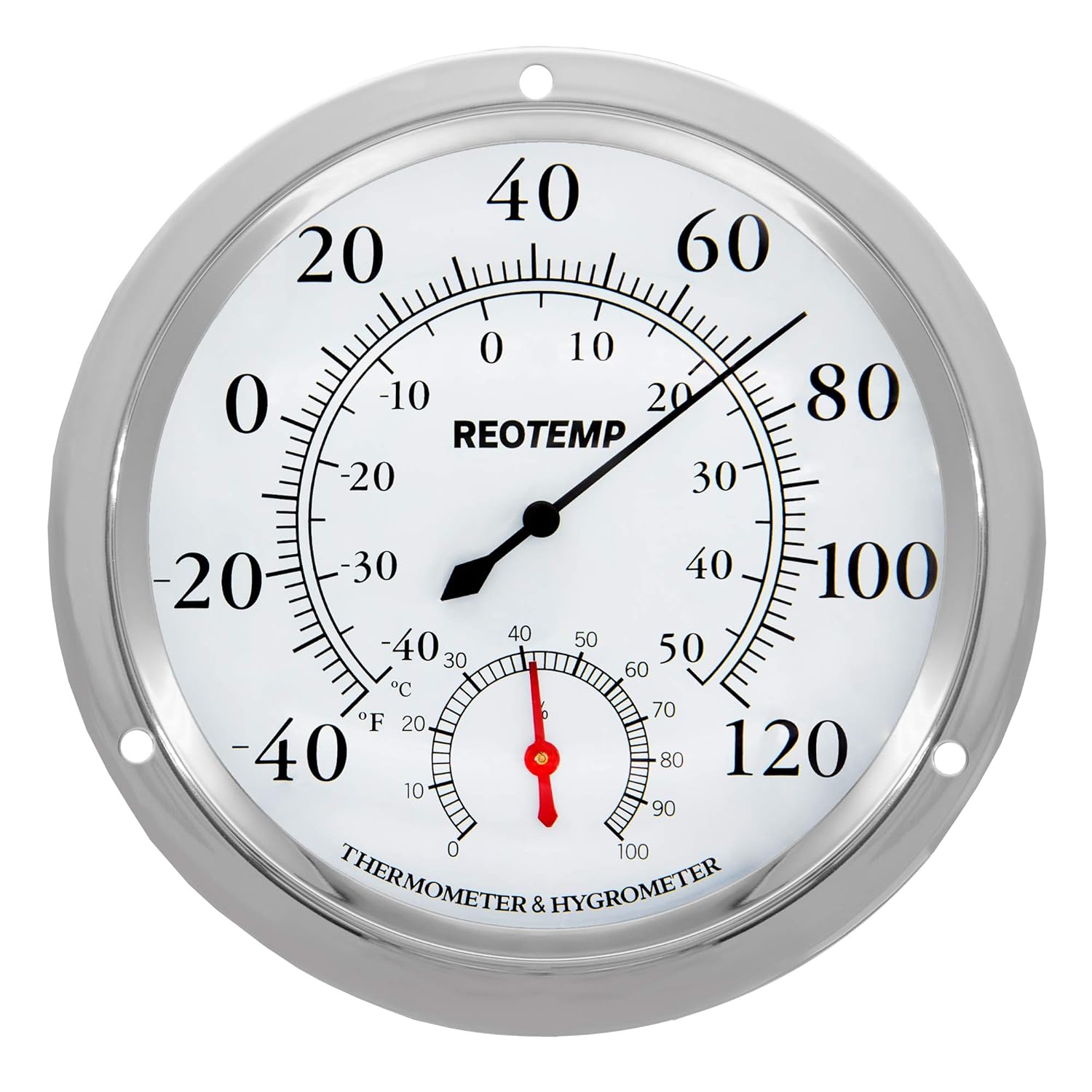 REOTEMP WTH6 Wall Thermometer Hygrometer, Analog, 5.75" Polished Metal