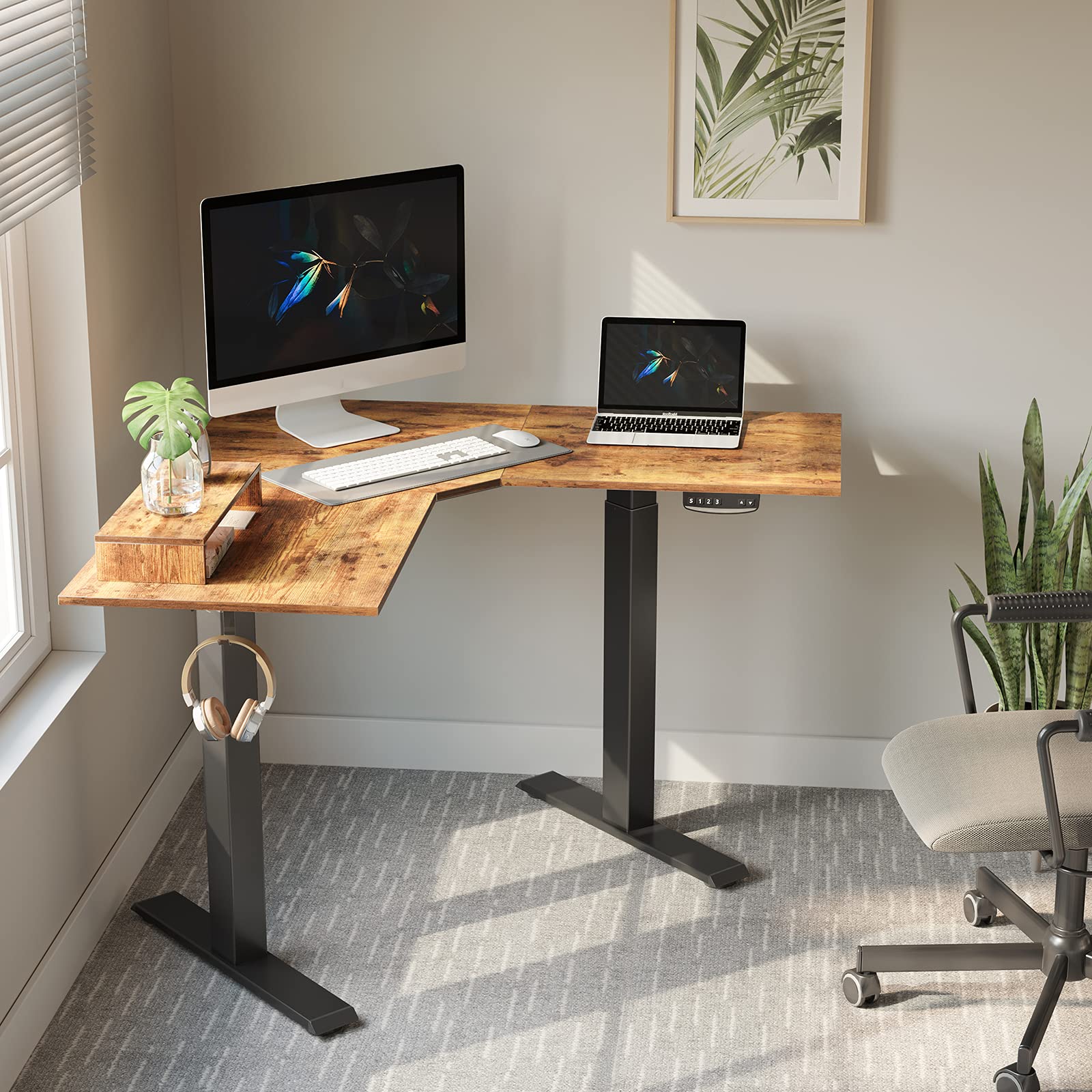 BANTI Dual Motor L-Shaped Electric Standing Desk, 48 Inches Adjustable Height Stand Up Desk, Sit Stand Home Office Desk with Rustic Brown Top/Black Frame(similar to picture)