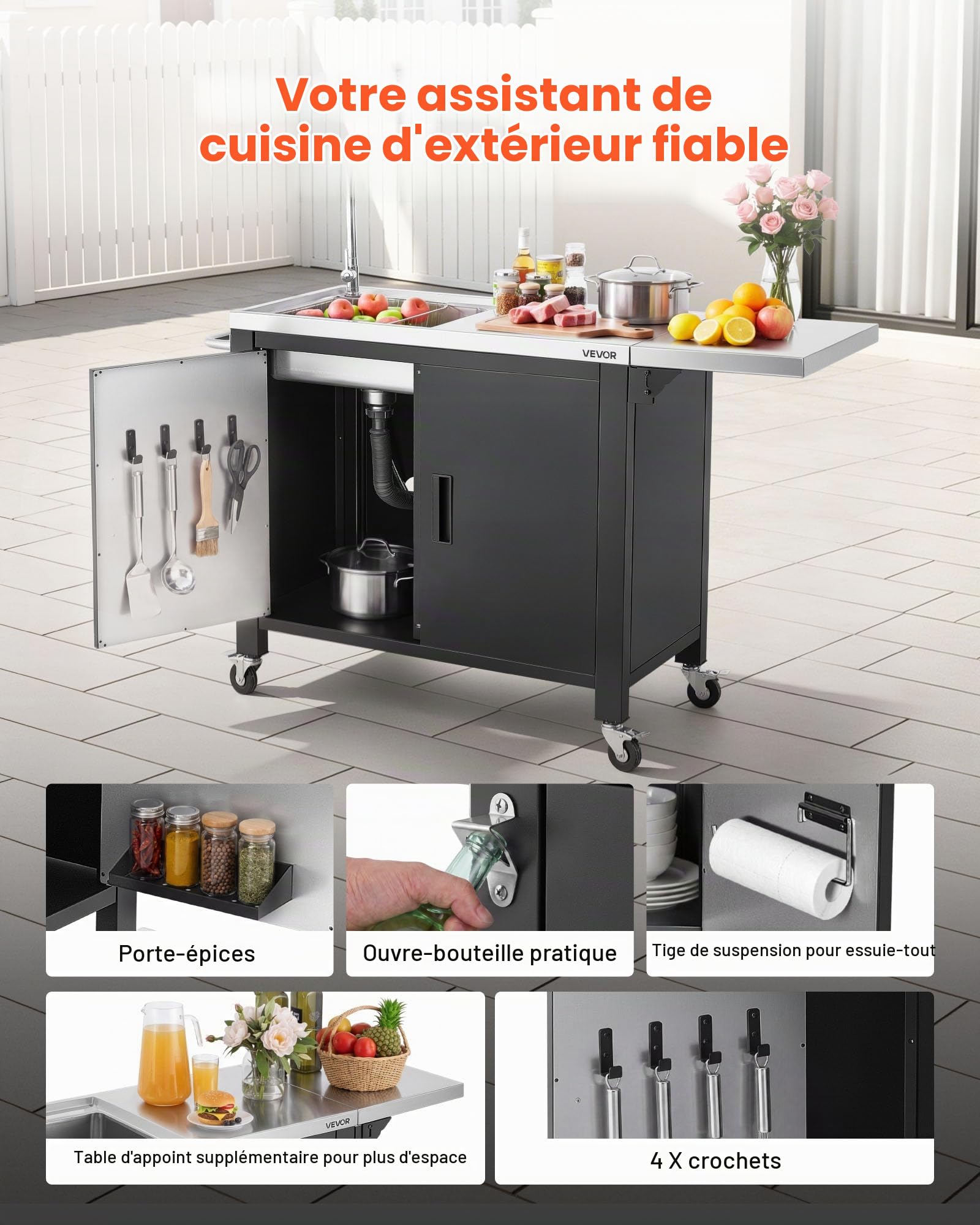 VEVOR Desserte Plancha 132 cm Chariot de Barbecue avec Évier et Placard, pour Jardin Terrasse Cuisine en Plein air, Plan de Travail Mobile pour Extérieur Plateau en INOX, Table de BBQ avec Extension