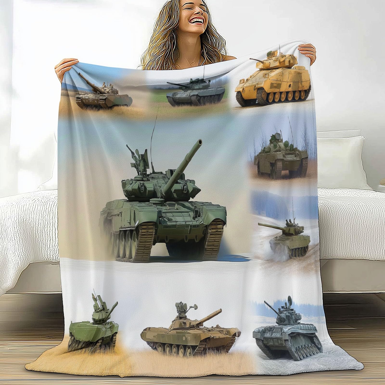 Ultramiękki koc flanelowy w stylu wojskowym 221 x 239 cm – pluszowe i ciepłe czołgi, pojazdy pancerne, kolaż, nadruk, lekki koc na łóżko, pościel na sofę, podróż i dla dzieci dorosłych, 220 x 240 cm