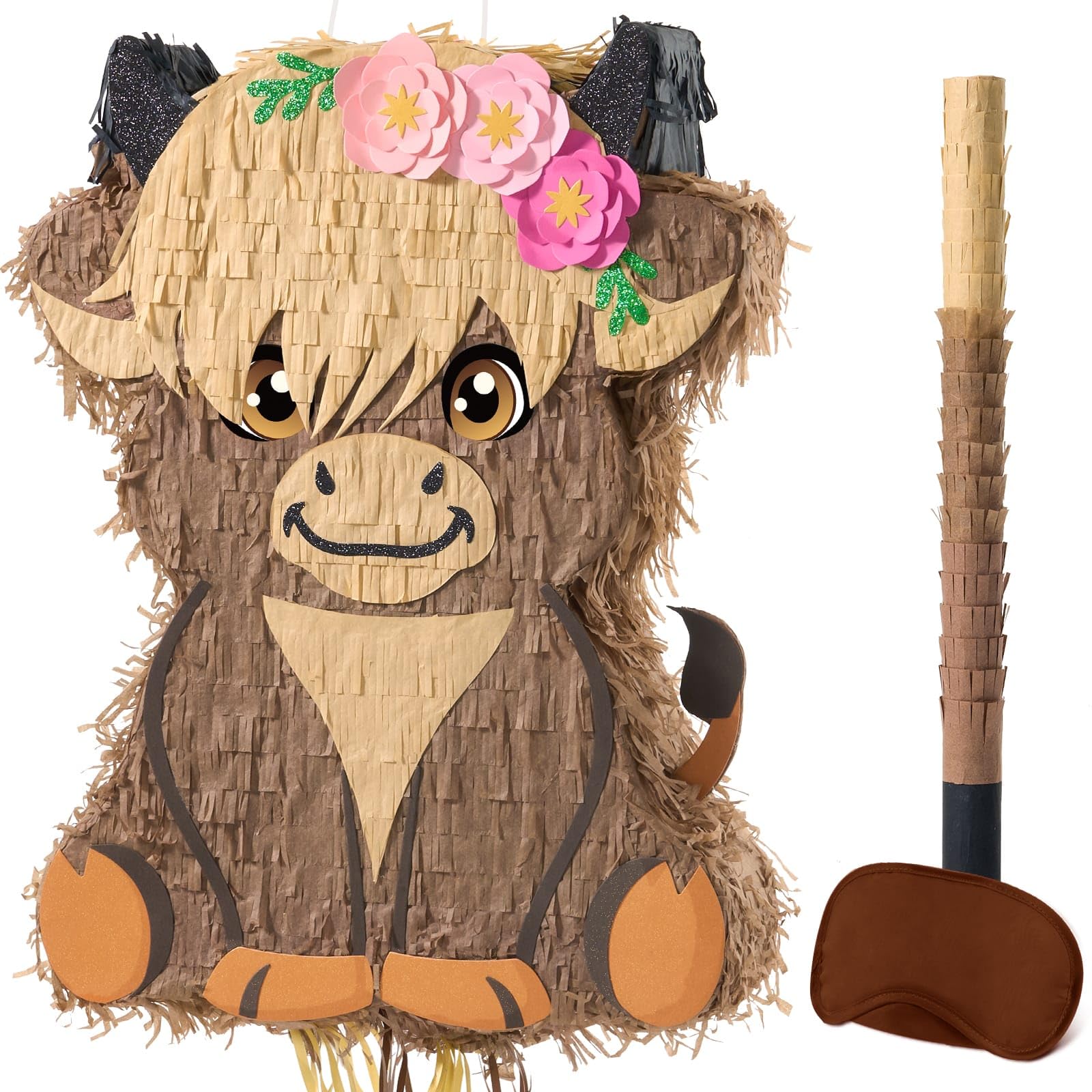 WERNNSAI Highland Cow Pinata - Cute Scottish Cattle Pinata with Stick and Blindfold for Farm Party Decorations 1st Birthday Supplies Fluffy Cow Animal Theme Party Decoration — image 1