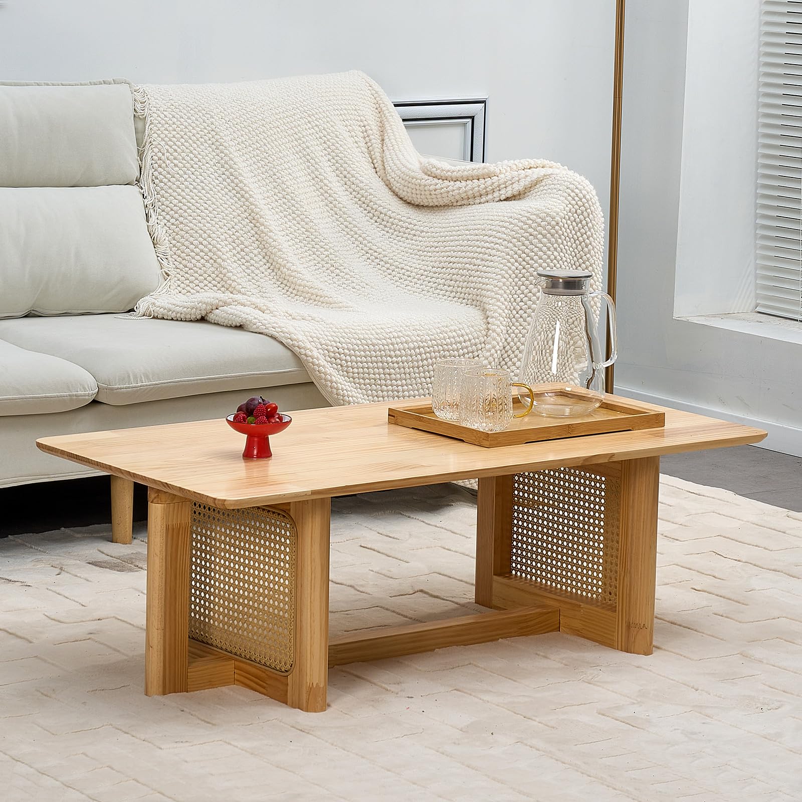 Rattan Coffee Table, 42.5 Inch Rectangular Solid Wood Coffee Table with PE Rattan Stand, Center Coffee Table for Living Room, Natural