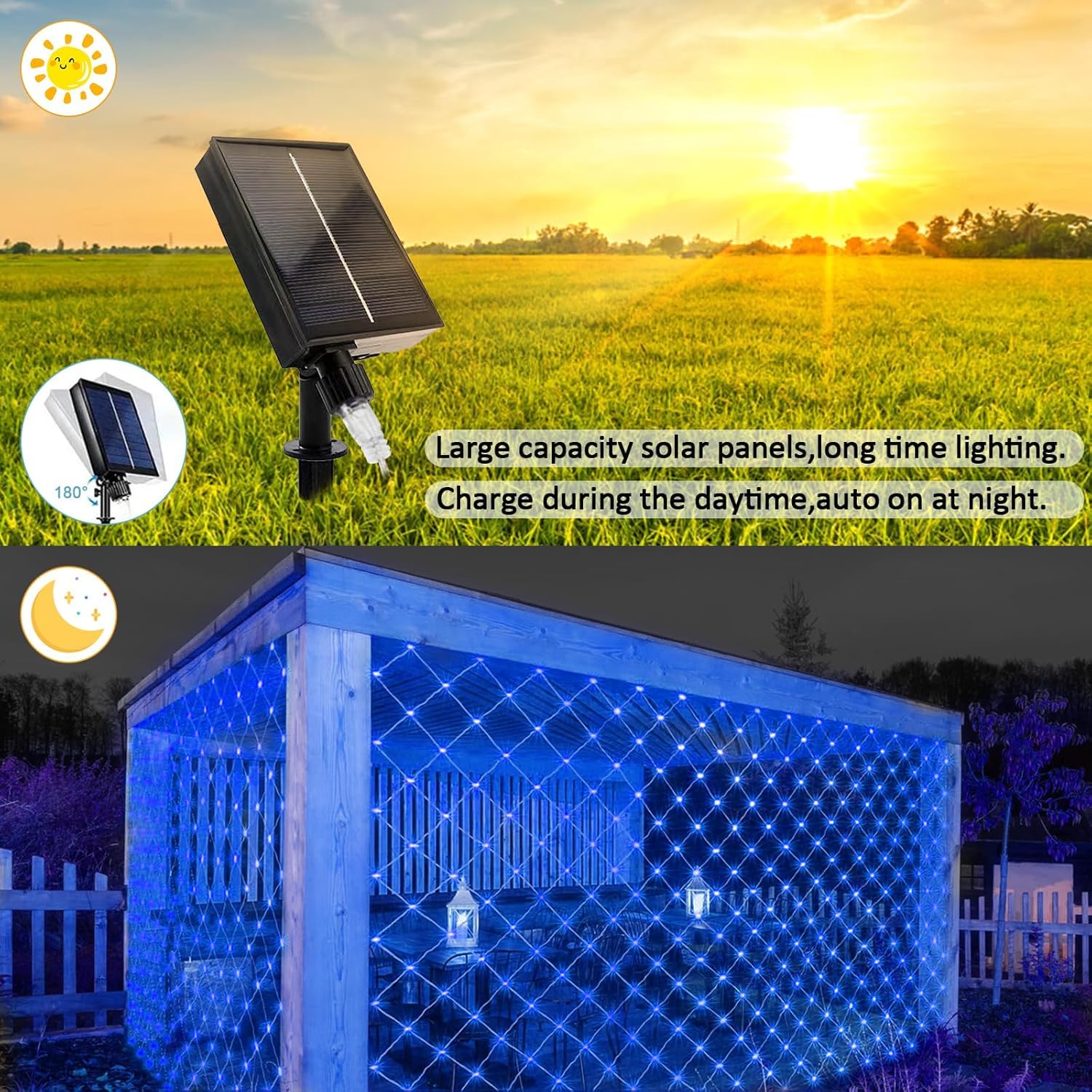 Suyoo 2 X 3 Meters 192 LED Solar Net Lights,Outdoor Mesh Net Light for Bushes,Waterproof Garden Lights Solar Powered with Remote 8 Lighting Mode for Roof Window Home Party Easter Decor(Blue) - Image 3