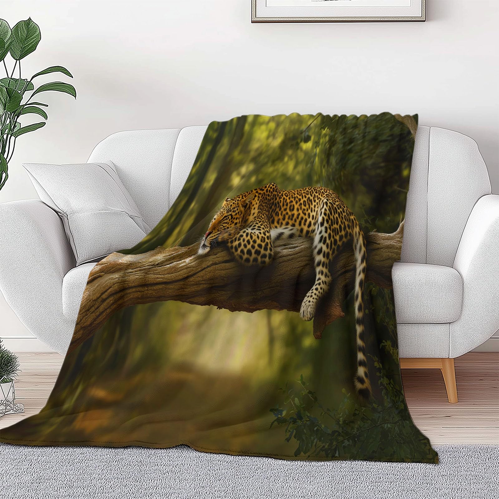 Miękkie gałęzie dżungli, zwierzę, panterka, koc sherpa 221 x 239 cm, dla dzieci dorosłych, natura, krajobraz, nadruk, flanelowa pościel, hipoalergiczna, ciepła narzuta na łóżko, na sofę, krzesło, do
