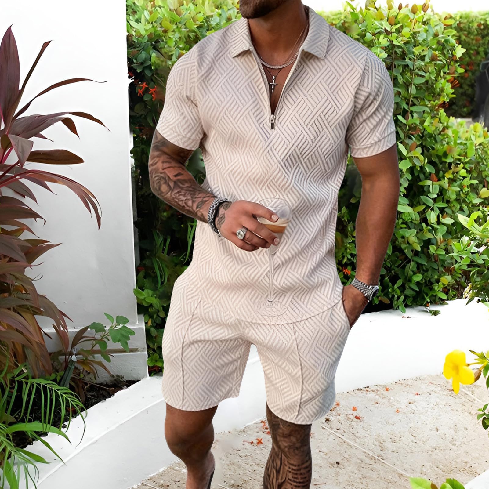 amropi Herren Sportanzug Sommer Trainingsanzug Kurzarm Reißverschluss Top und Shorts Kleidung Set