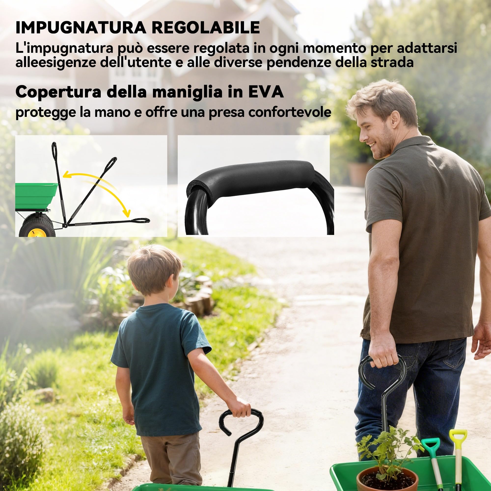 Outsunny Carrello da Giardino 75L in Acciaio e PP con Vasca ribaltabile e Maniglia da Trasporto, 109x52x94 cm, Verde Scuro