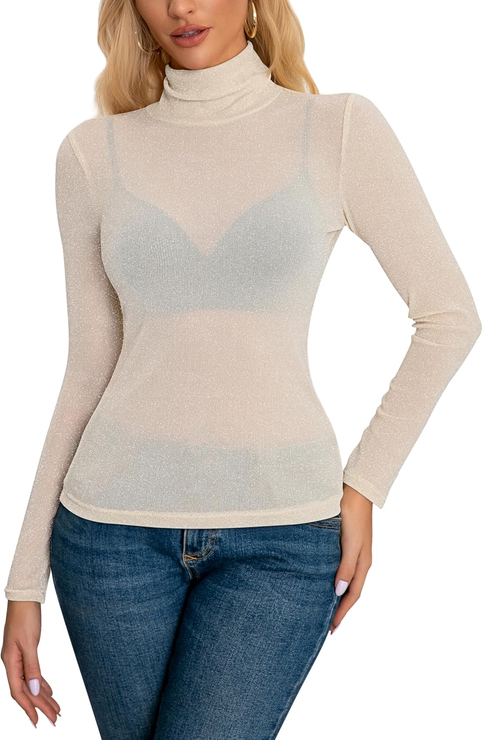 AISEW Womens Mesh Sheer Long Sleeve Glitter Tops Sexy See Through Sparkly Shirts Turtleneck Layering Top Shirt