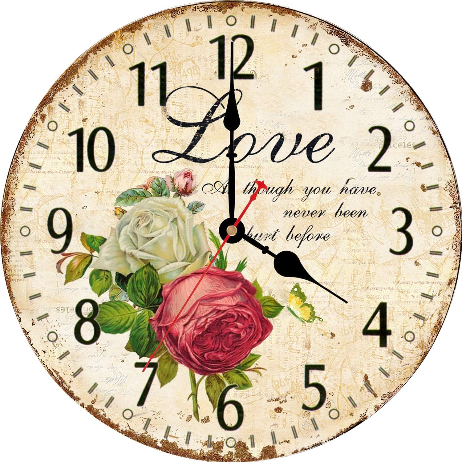WISKALON Wooden Wall Clock,14 Inch Flower Art Hanging Clock,Silent Non-Ticking Battery Operated Wall Clock,Great for Decorate Bedroom,Living Room,Dining Room,Kitchen(Love Rose Pattern Wall Clock)