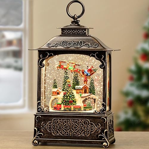 Miniatura 16 de Linterna de Globo de Nieve Decoraciones de Navidad Interior, Luz de Globo de Nieve Musical con Temporizador, Caja de Música con USB y Batería, Red
