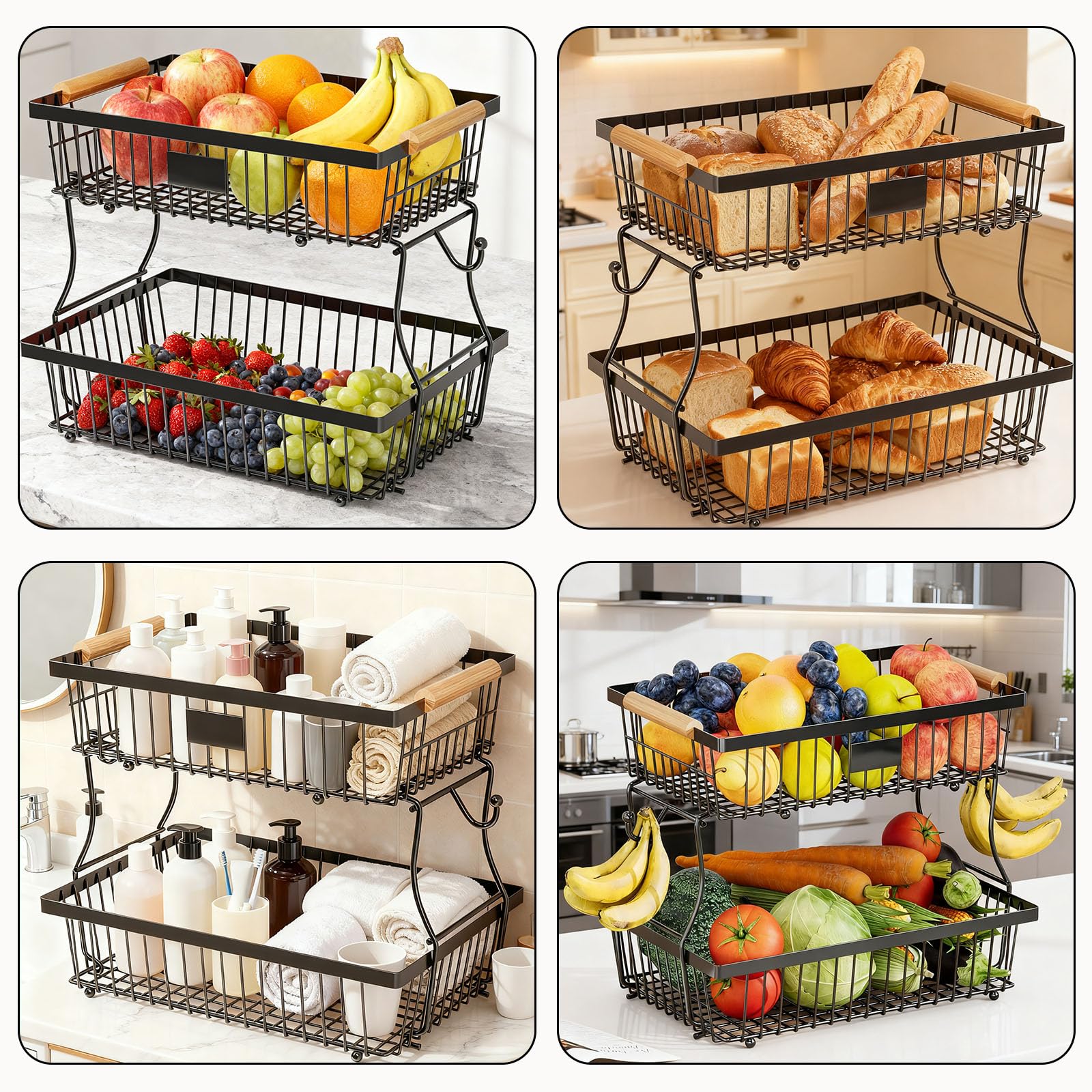 Cesto per frutta a 2 ripiani con manico in legno per cucina e sala da pranzo, porta frutta e verdura (nero, misura grande: 32 x 32 x 22 cm