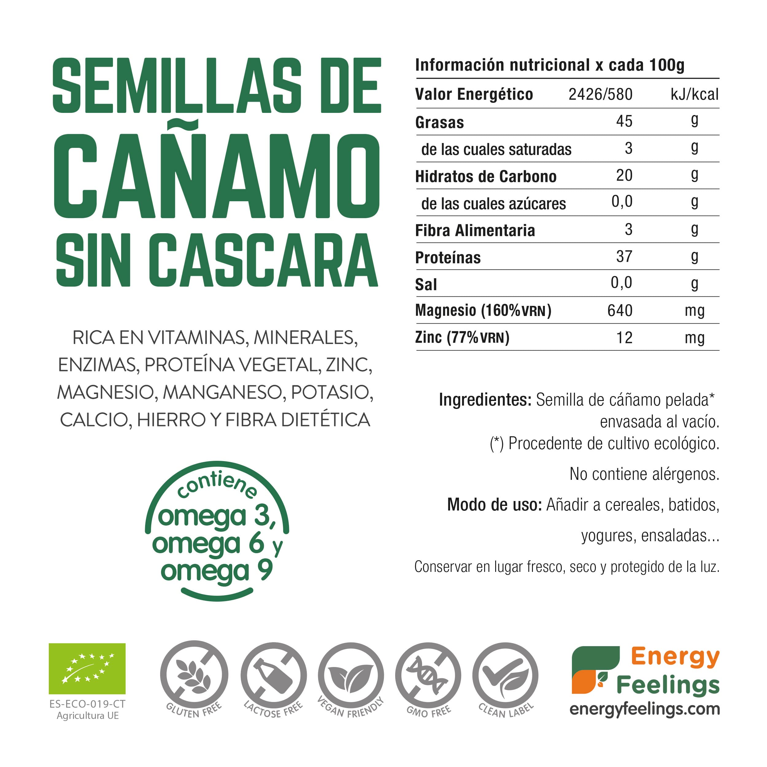 Energy Feelings Semilla de Cáñamo Ecológico sin Cáscara - 1000 gr, 30% de Proteína, Remedio para Prevenir Artritis, Ricas en Vitaminas B, Sin Lactosa, Sin Gluten y Sin Azúcar Añadido, Pack XL