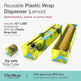 Chicwrap Lemon Refillable Plastic Wrap Dispenser - Includes One 12 x 250\' Roll of Professional Grade Plastic Wrap - BPA Free and Kosher Certified - Reusable Dispenser w/Slide Cutter
