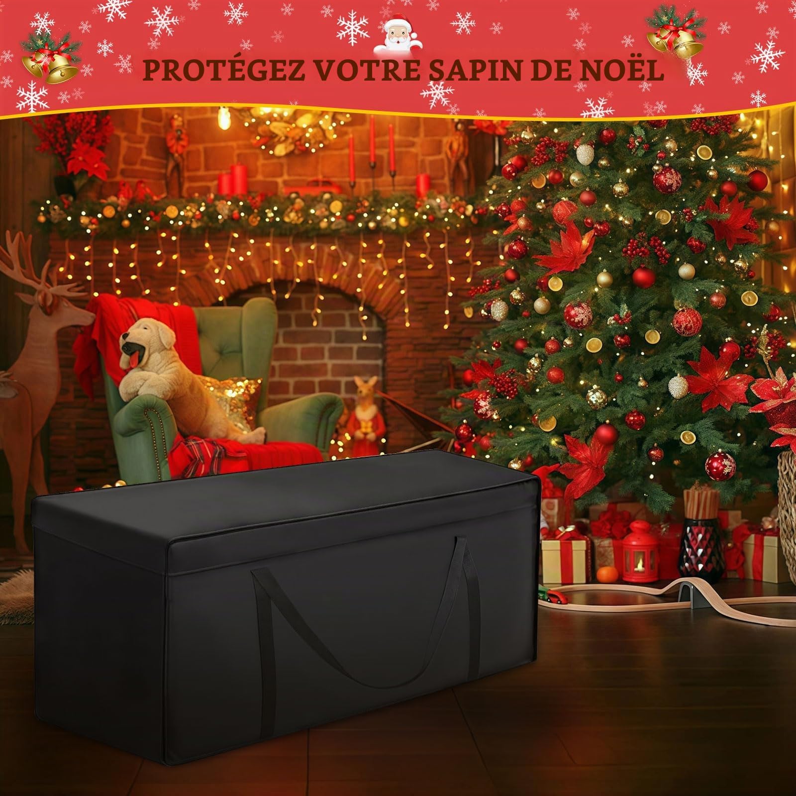 Sac de Rangement XXL pour Coussins de Jardin, Housse Imperméable et Anti-UV, avec Bandoulière, Protection pour Meubles, Polster, Kissen Extérieur, Sapin de Noël (Noir, 200x60x75cm)