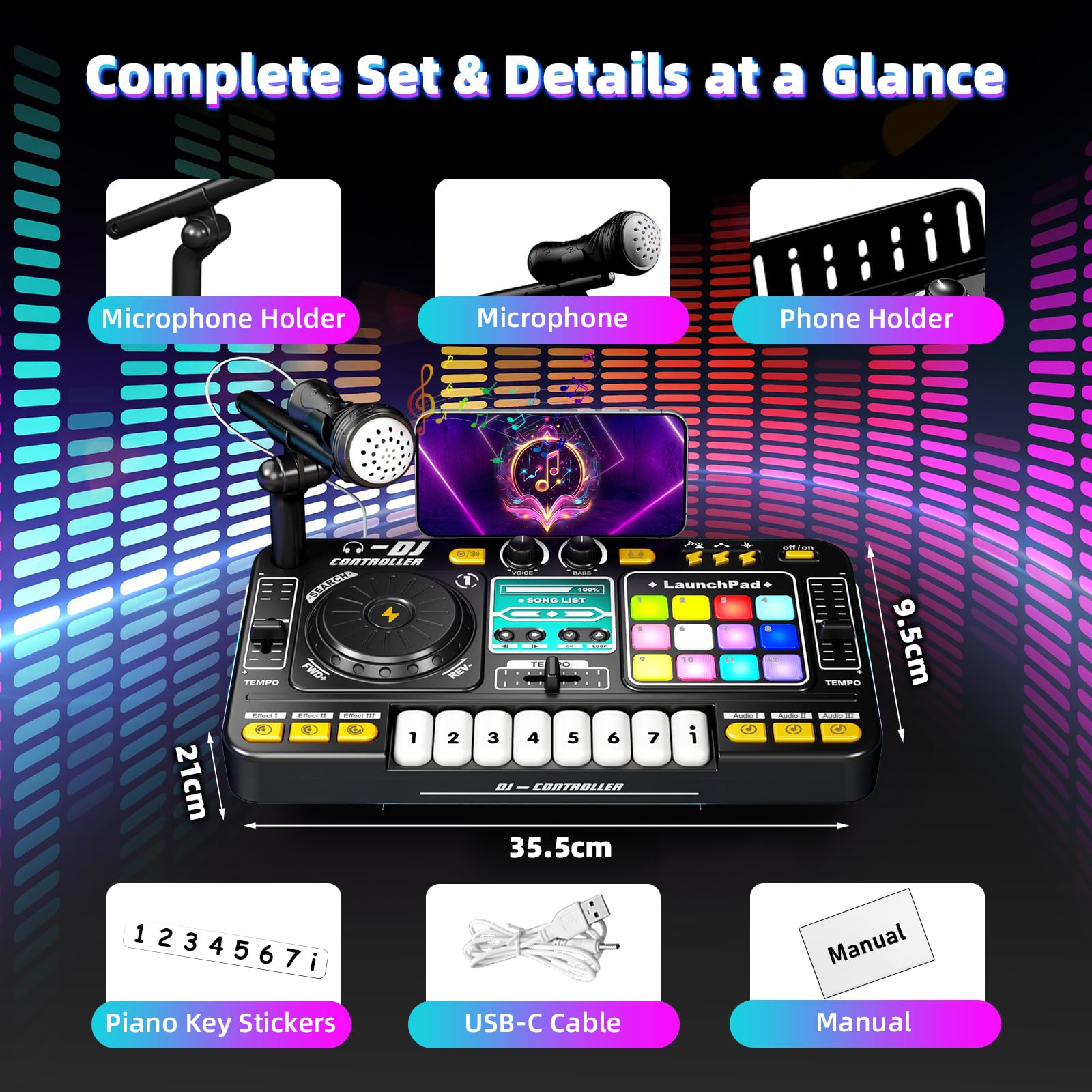 Console DJ Bambini, Mixer DJ Musicale Multifunzione, Kidi Mixer Audio con Bluetooth, Microfono, Giochi di Luci, Ricarica USB, Adatto per Bambini di 3-10 Anni, Giocattolo per Feste in Famiglia