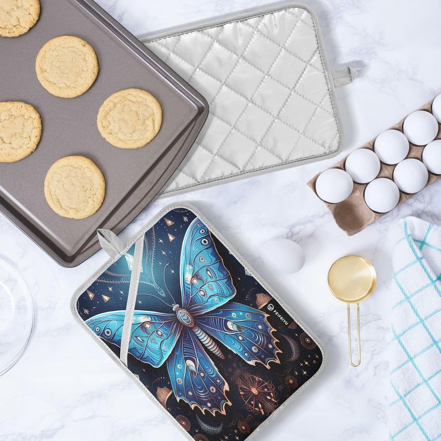 Butterfly Pot Holders Set of 2 for Kitchen Heat Resistant Potholders Soft Oven Hot Pads with Pockets for Countertop Home Cooking Baking 7"x9.8" - Image 5