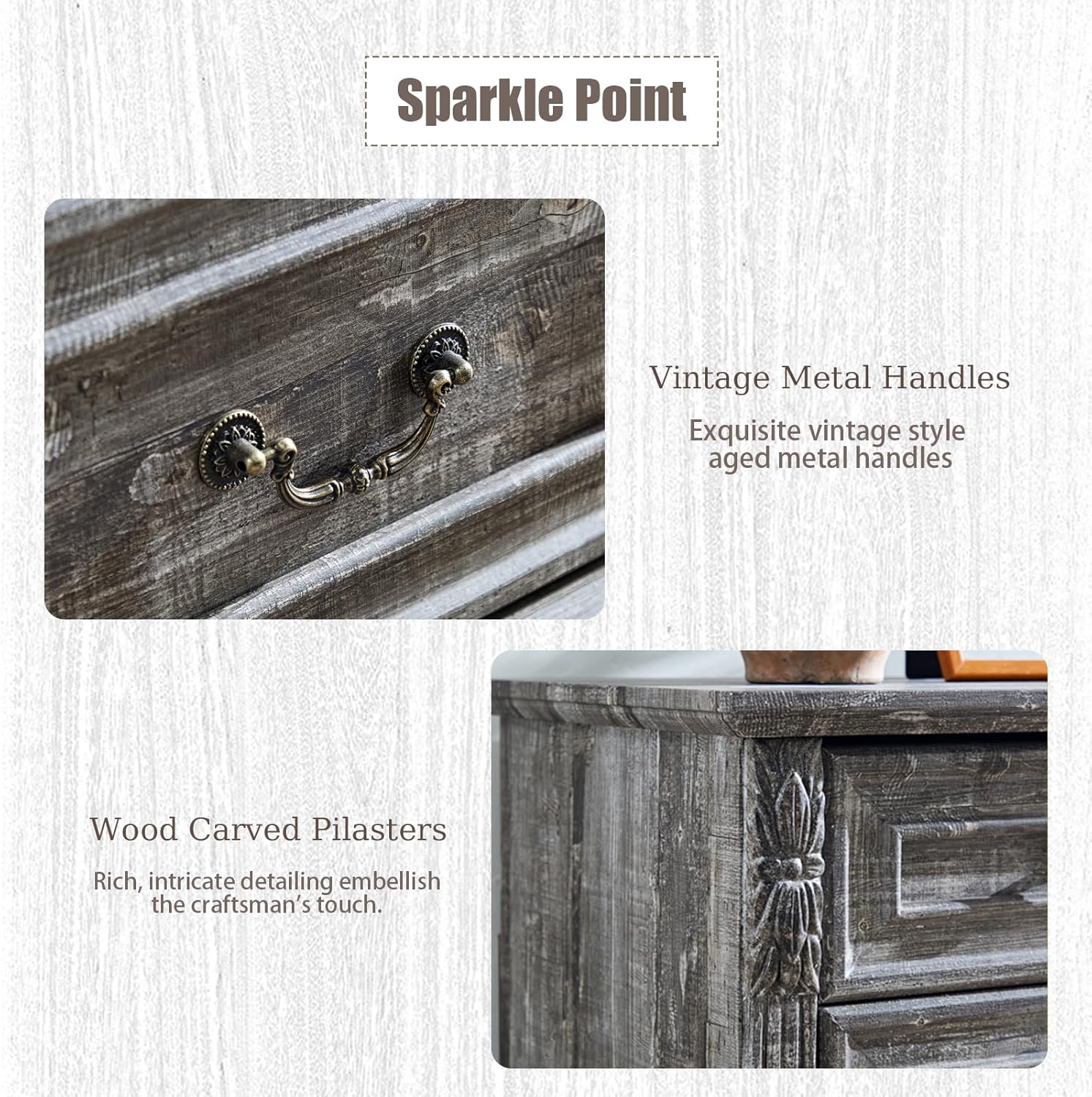 BLANKSPACE Farmhouse Dresser with Carved Design, Grey 6 Chest of Drawers for Bedroom, Hallway, Living Room, or Office Use