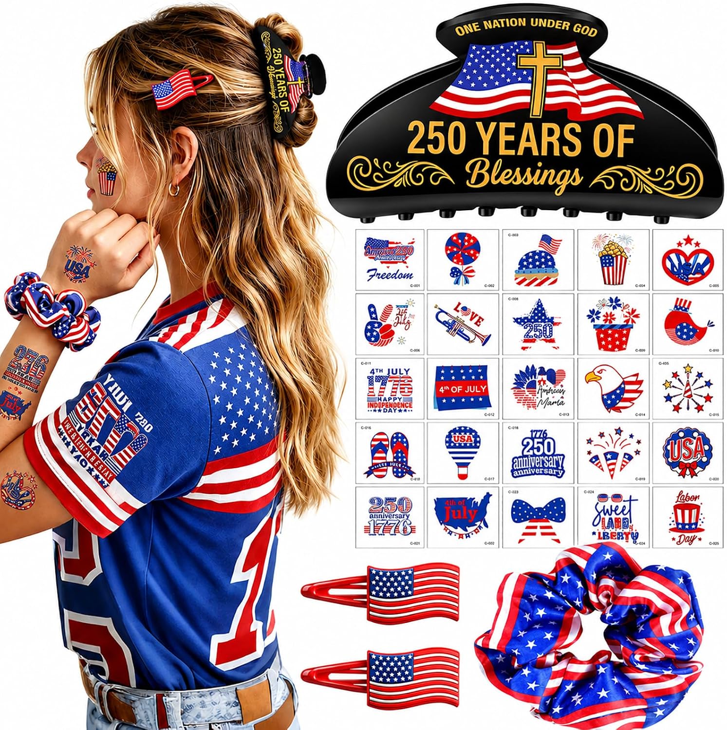 TOCESS 250 Anniversary USA Claw Clips: 4th of July Independence Day Patriotic Hair Accessories Set with Hair Clips, Red White Blue Scrunchies & Temporary Tattoos for Women, America 250 Merchandise