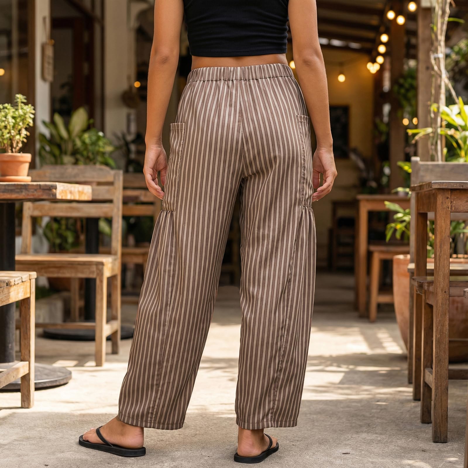 Sexy Outfit Pantalon Sarouel rayé en Coton et Lin pour Femmes, Ample, Jambes Larges, Cordon de Serrage, Pantalon de Plage avec Poches, vêtements de détente d'été