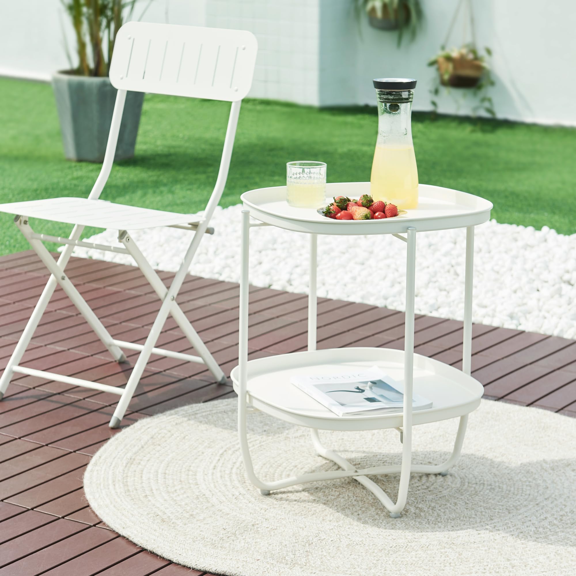[en.casa] Mesita de Jardín Sandefjord Mesa de Café de Patio con 2 Bandejas Extraíbles Estilo Moderno Mueble de Jardín Terraza Balcón Acero 57,5 x 46 x 46 cm - Blanco
