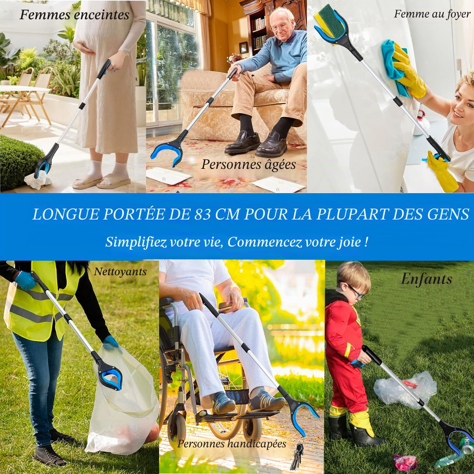 Pince Ramasse Objet 83cm Lot de 2, Pince Telescopique Pince pour Ramasser avec Embouts Magnétiques 12 cm Large 360°Tête Rotative Sac de Rangement, pour Jardin Personne âgée Enfants Intérieur