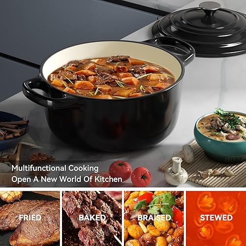 Miniatura 6 de Miereirl Olla Holandesa Esmaltada de 6 Cuartos con Tapa, Horno Holandés de Hierro Fundido con Asas Dobles para Hornear Pan, Cocinar, Utensilios de