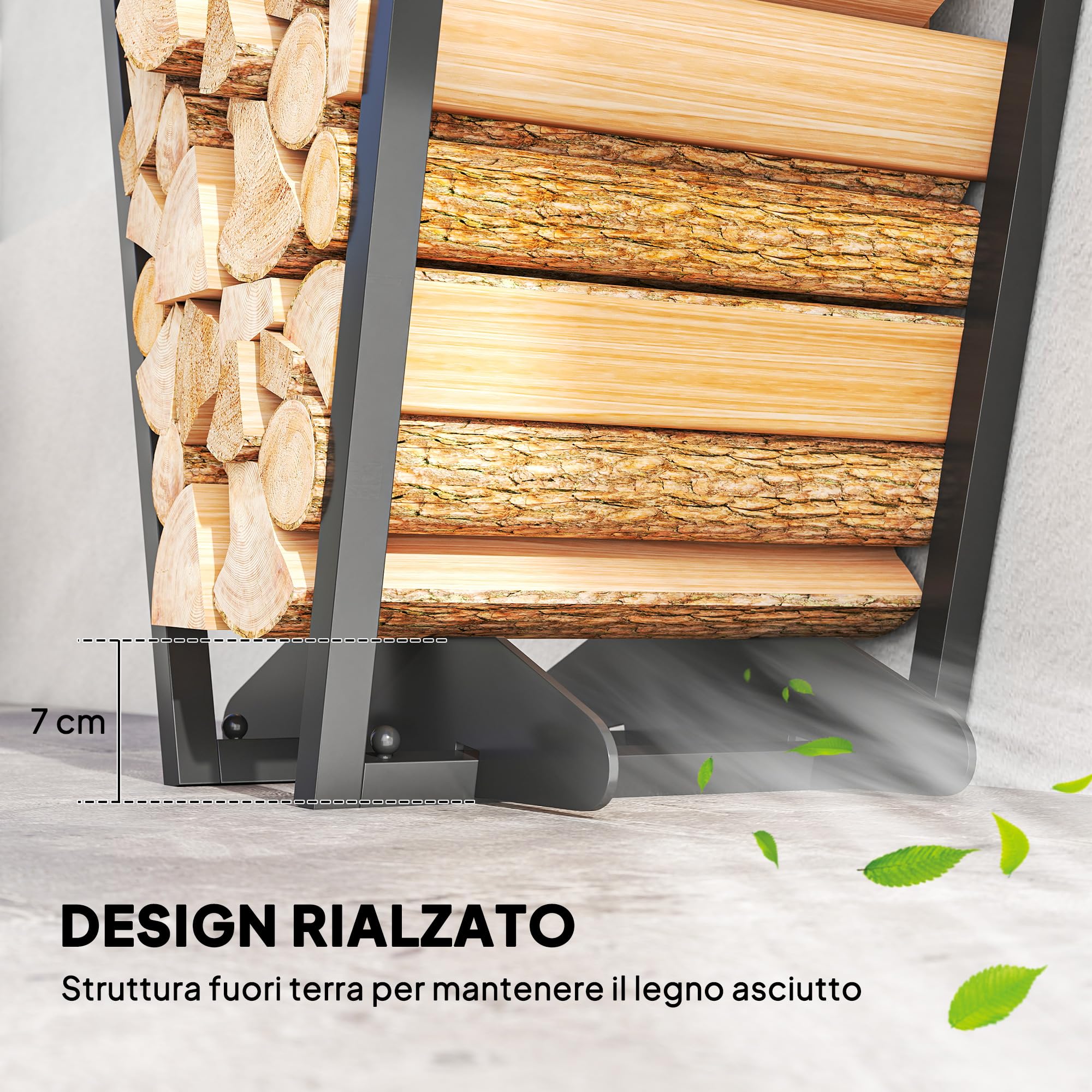 Outsunny Scaffale Portalegna da Esterno e Interno con Ganci in Acciaio, Legnaia Design Moderno con Base Rialzata, 45x32x58cm, Nero