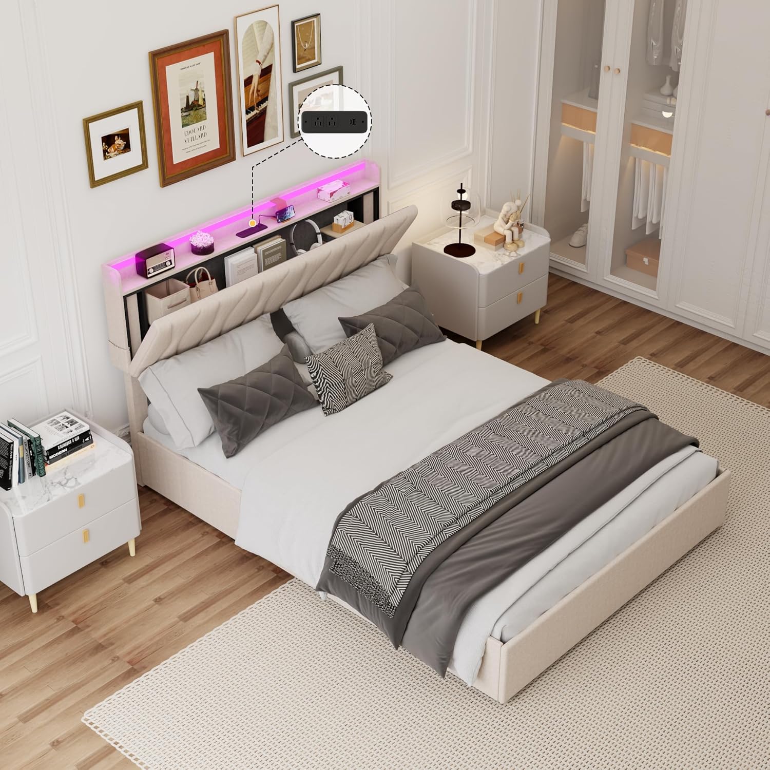 Vabches Full Size Lift Up Bed Frame with Storage Underneath, Upholstered Bed Frame with Adjustable Storage Headboard, Charging Station & LED Lights, No Box Spring Needed, Easy Assembly