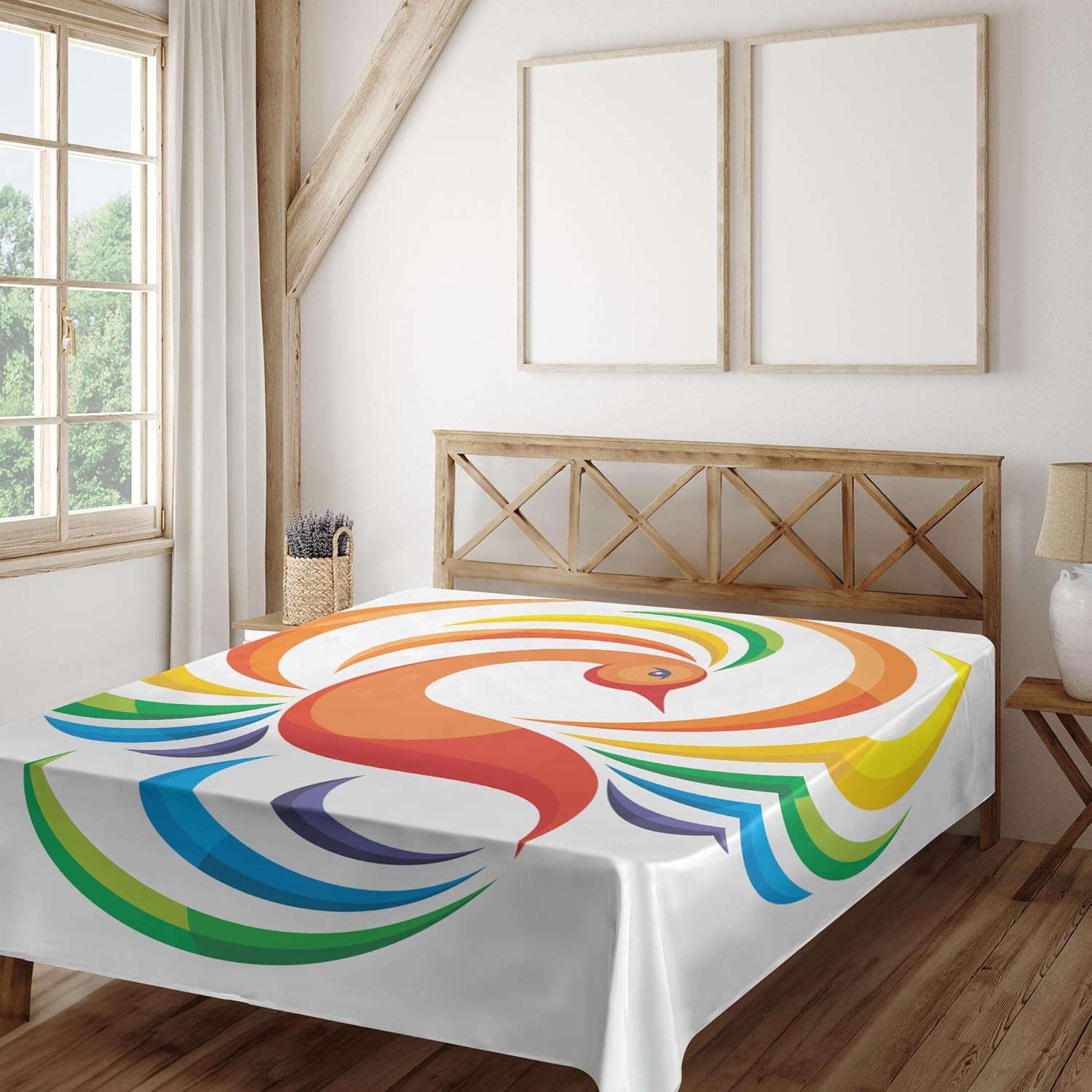 Ambesonne Phoenix Flat Sheet, Rainbow Toned Bird Fantasy from The Ashes Myth Beast Illustration, Soft Comfortable Top Sheet Decorative Bedding 1 Piece, California King, Multicolor