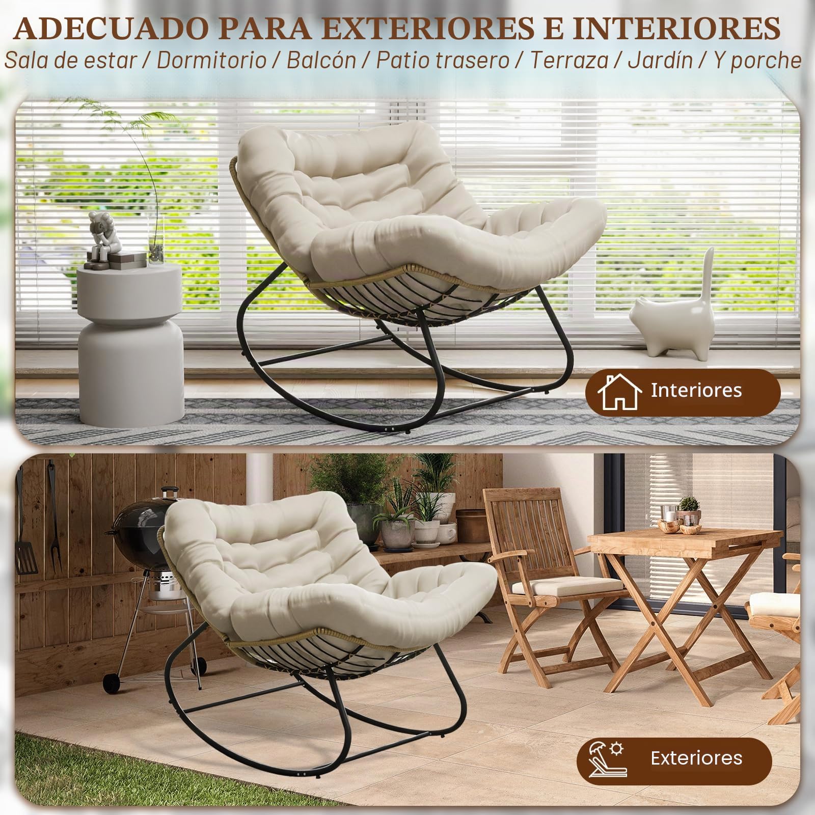 Mecedora, Sillón Mecedor Ergonómico Extra Grande, Mecedora de Ratán, Silla Relax con Cojín Extra Grueso, Ideal para Balcón, Jardín y Salón, Capacidad de Carga Hasta 140kg (Beige)
