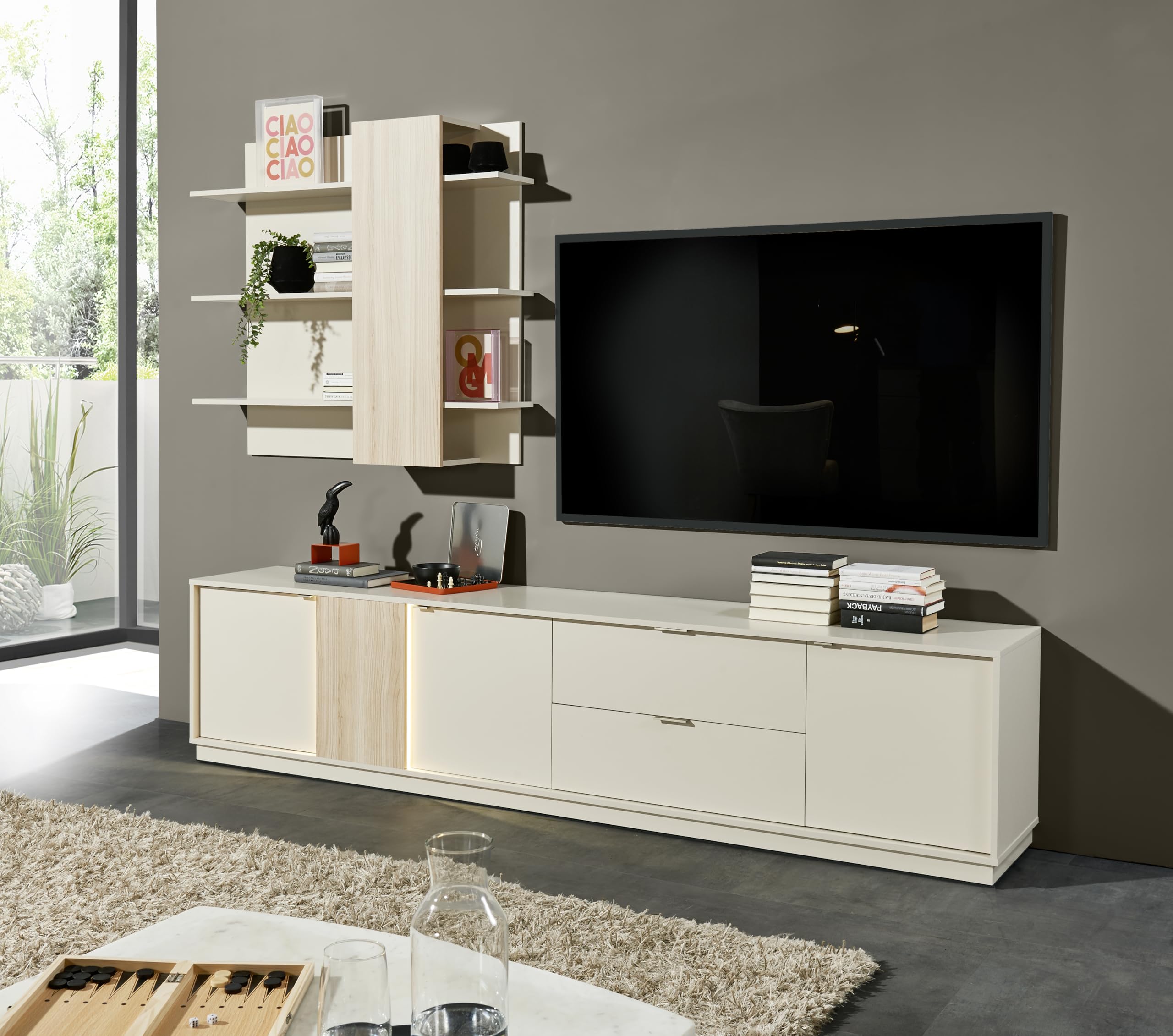 AVANTI TRENDSTORE - Ciampino - Parete da soggiorno in laminato cashmere/riva oak, composta da un mobile Tv, scaffale a parete e illuminazione a LED. Dimensioni ca. LAP 238x202x40 cm