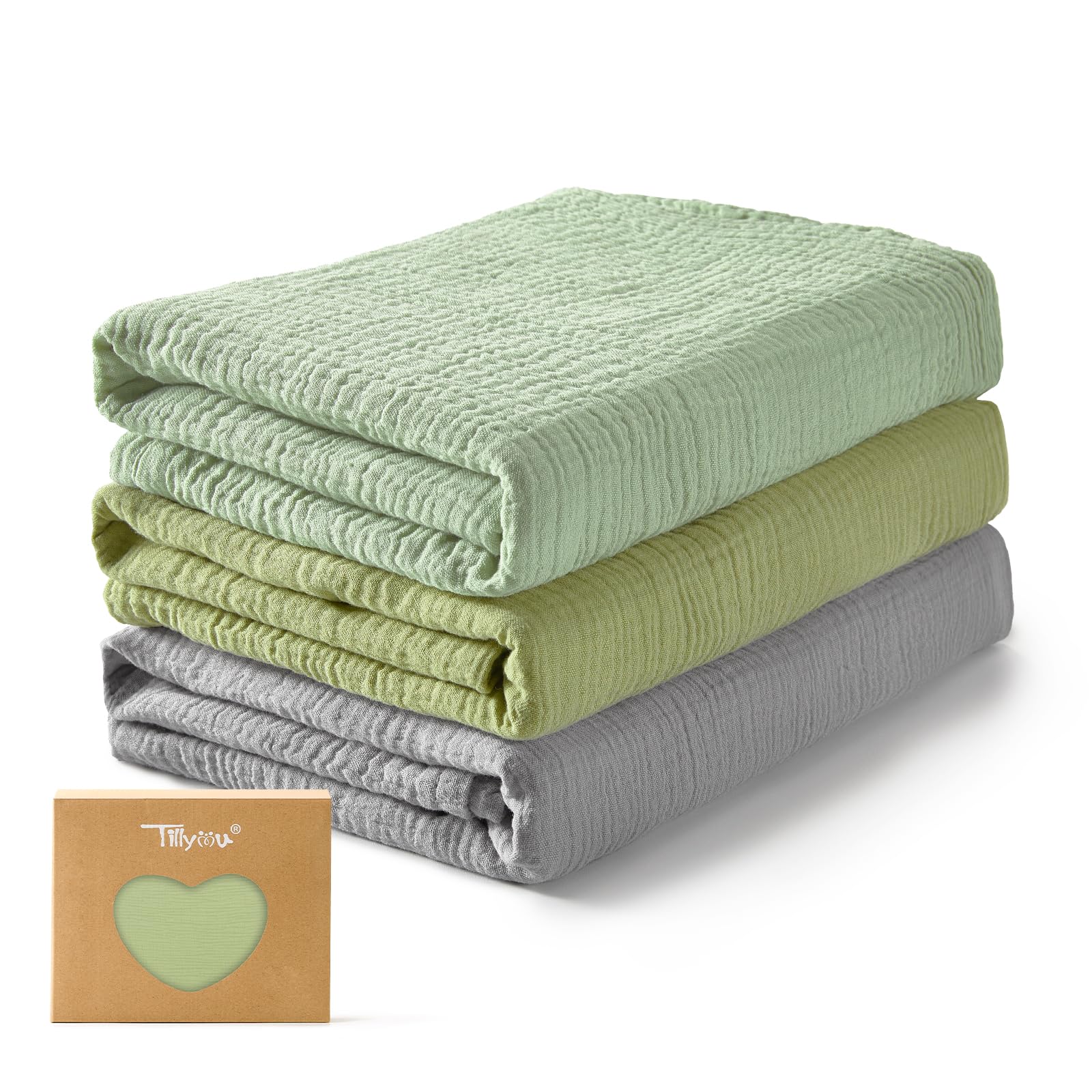 TILLYOU 3er Set Musselintücher Baby Pucktuch 75x100 cm Musselin Decke Baby Pucktücher 100% Baumwolle Babydecke, Graugrün