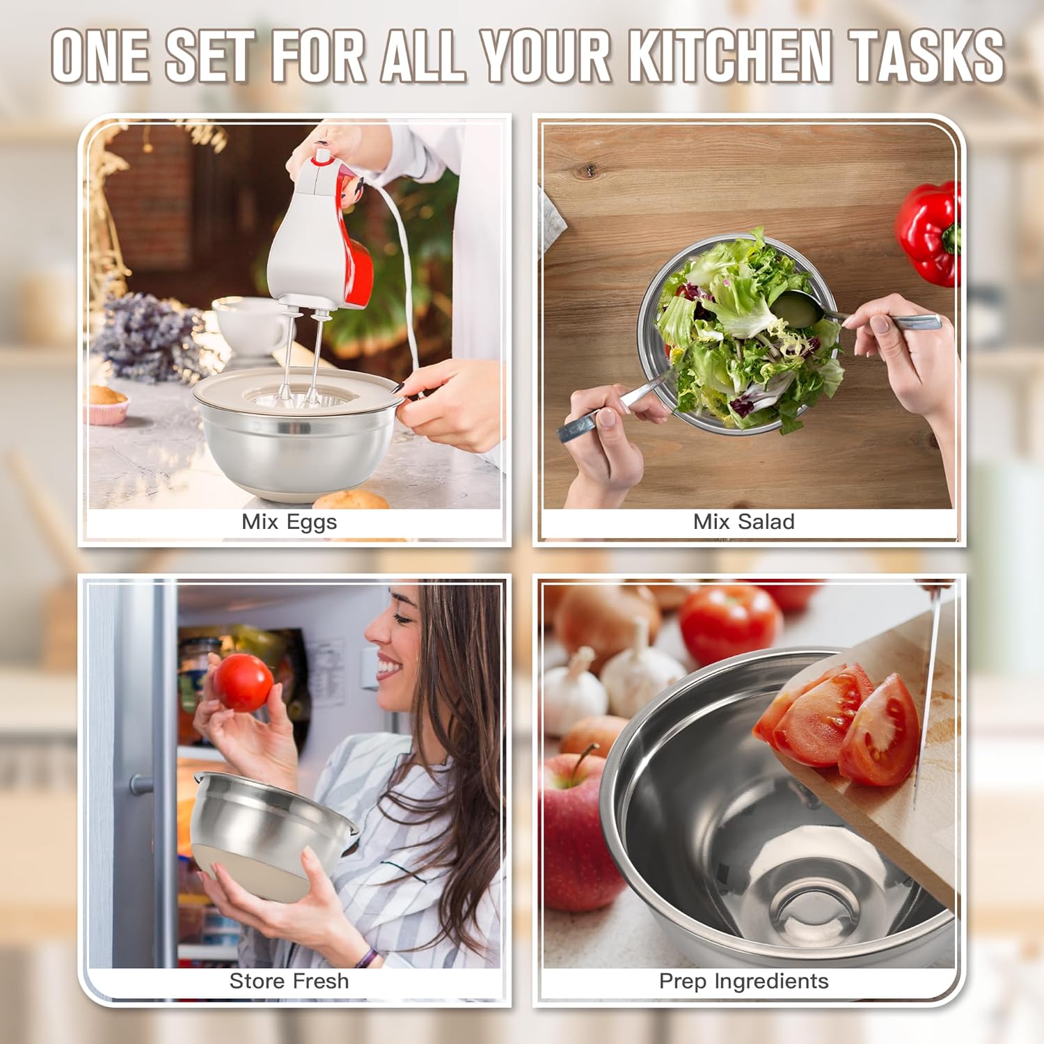 30PCS Mixing Bowls with Lids Set, 7QT to 1QT Stainless Steel Nesting Bowls with Graters, Non-Slip Silicone Bottom, Large Khaki Bowls & 21 Measuring Cups and Spoons Set Kitchen Appliances - Image 7