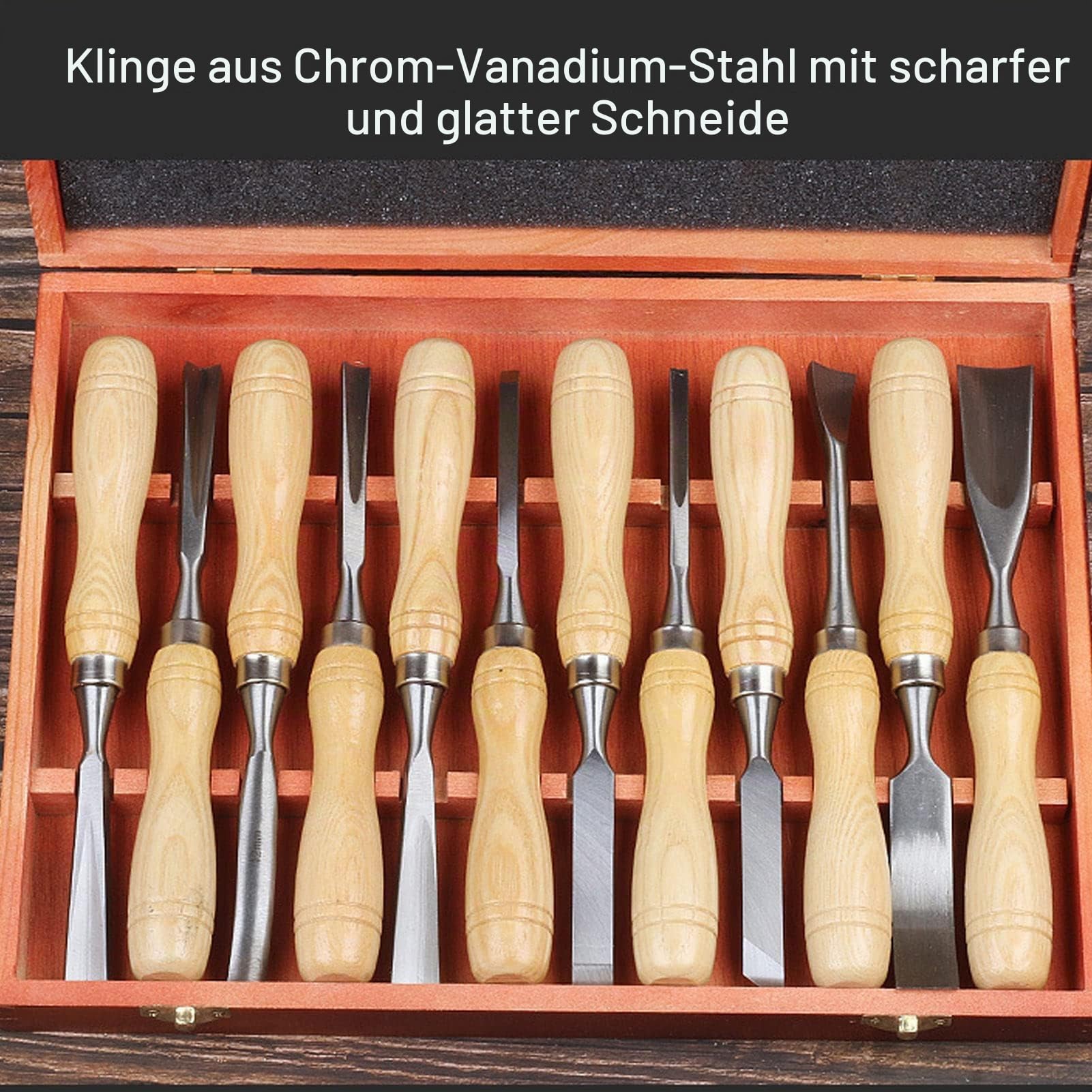 Stechbeitel Set für Holz, 12-teiliges Stemmeisen Holz mit CRV-Klinge und Holzgriff für Holzschnitzerei Bambusschnitzerei Schnitzerei Handwerksarbeiten
